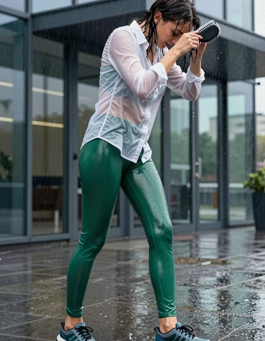 Extreme close-up side profile of a young adult European woman at a modern glass and steel office building entrance during a heavy storm. She is brushing wet, rain-slicked hair out of her eyes with one hand while shielding her face from wind-driven rain. She wears emerald green translucent latex leggings that are drenched, clinging tightly to her legs with a high-gloss, wet-look sheen and deep color saturation. Over this, she wears a white button-down shirt that is semi-sheer from heavy rain saturation, clinging to her skin with visible water-darkened patches and heavy folds. Her feet, wearing sporting shoes, are drenched and stepping through shallow, rain-filled puddles. The scene is captured with high-speed shutter photography, showcasing realistic wet skin, dripping water, and fabric clinging to the body. The lighting features balanced bright exposure with rich natural color, moderate contrast, and softly lifted shadows. High-definition photorealistic lifestyle photography, sharp focus on skin texture and water droplets, no dry clothing, no distortion, no sketches, no cartoons, no illustrations, no low resolution.