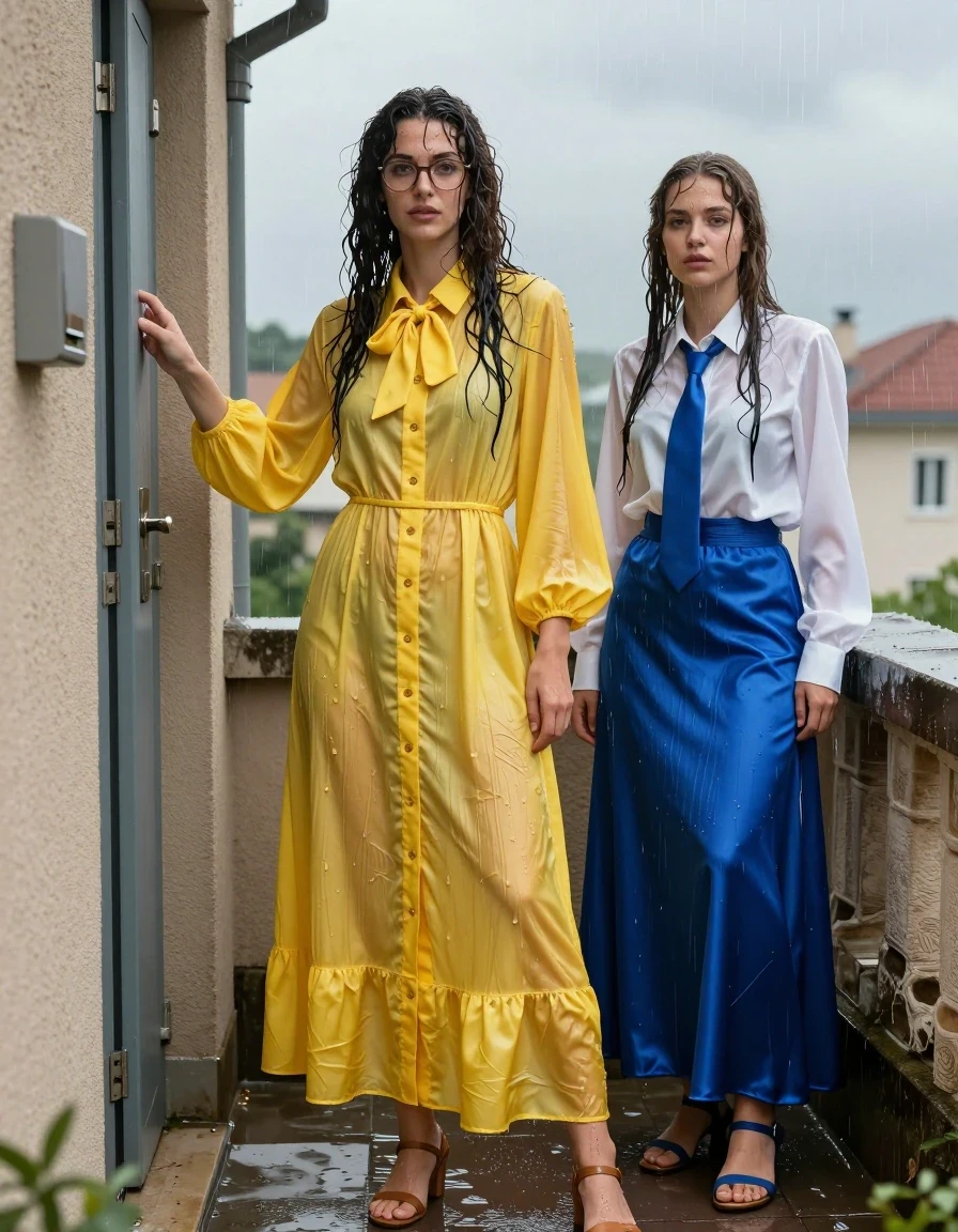 photo of young woman, in soaking wet, drenched clothes,
sandals, both: maxi long dress or skirt, 1st long curly haired woman: glasses, oversized yellow buttoned-down nylon dress with bowtie; 2nd tomboyish haired woman: white long-sleeved satin blouse with blue necktie, maxi blue silk skirt, on top of a blockhouse, 
enjoying, wet clothes stuck to body,
detailed textures of the wet clothes, wet face, wet plastered hair,
wet, drenched, professional, high-quality details, full body view.
sharp focus, ultra-high pixel detail, realistic, high-quality, full colors, incredibly detailed, 4k, 8k, 16k, hyper-realistic, RAW photo, masterpiece, ultra-detailed, professionally color graded, professional photograph, trying to get back to the apartment building during a storm, locked out, wet skin, wet clothes, damp fabric