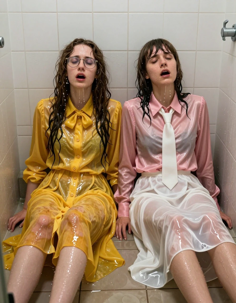 A hyper-realistic, high-detail wide shot of two exhausted young adult European women, both nerdy teachers, sitting on the tiled floor of an empty flooded shower, backs against the wall, gasping for air after intimacy. The first woman has long curly hair, wears glasses, and is dressed in an oversized, floor-length yellow buttoned-down nylon dress with a bowtie. The second woman has Beatles-style hair, wearing a long-sleeved pink satin blouse with a white necktie and a floor-length white silk skirt. Both subjects are completely drenched, with wet skin, matted hair, and clothes clinging to their bodies. The yellow nylon dress and white silk skirt are heavily soaked, translucent in areas, showing deep color saturation, heavy wet folds, and dark patches where fabric is water-logged. The water sheen on their skin and clothing creates strong glossy specular reflections under the shower lighting. The environment is an empty, sterile tiled shower stall with shallow water pooling on the floor, damp walls, and realistic water droplets and streams running down their bodies and the tiles. Cinematic lighting, sharp focus on textures, 8k resolution, photorealistic, captured with a 35mm lens.