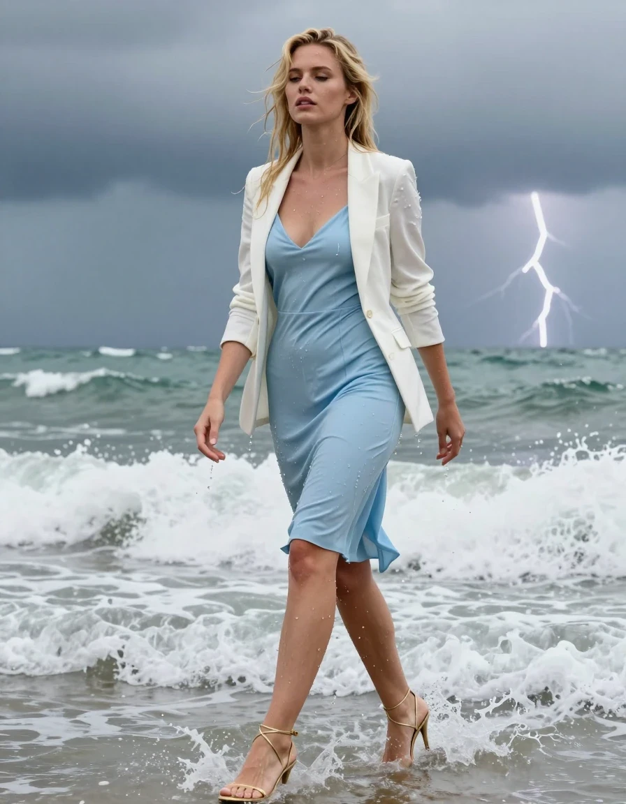 photo of young woman, in soaking wet, drenched clothes,
Strappy gold stilettos , Pale blue cocktail dress , white blazer , Standing in surf, thunder storm , 
enjoying, wet clothes stuck to body,
detailed textures of the wet clothes, wet face, wet plastered hair,
wet, drenched, professional, high-quality details, full body view.
sharp focus, ultra-high pixel detail, realistic, high-quality, full colors, incredibly detailed, 4k, 8k, 16k, hyper-realistic, RAW photo, masterpiece, ultra-detailed, professionally color graded, professional photograph, Blonde, wet clothes, wet skin, wet clothes, damp fabric, wet skin, wet clothes, damp fabric, wet skin, wet clothes, damp fabric