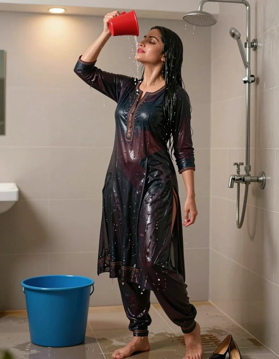 A stunning young adult woman with long, sleek black hair standing in a bathroom, captured in a realistic photography style. She is wearing an expensive dark-colored salwar kameez, the fabric appearing heavy, clinging, and soaked through, with dark saturated patches, visible fabric texture, and deep folds where the material clings to her form. She is barefoot, with stiletto heels visible nearby on the floor. She is pouring water over her head from a bright red plastic mug held in her right hand, her eyes closed in a serene, peaceful expression. Water droplets are clearly visible cascading down her face, arms, and soaked clothing, creating a realistic wet sheen. A large blue metal bucket sits on the wet, reflective tiled floor to her left. The environment is a bathroom with a metal shower pipe and faucet mounted on the right wall. The scene is illuminated solely by ceiling-recessed warm spotlights, casting soft highlights on her wet skin and the glistening surfaces. High detail, sharp focus, authentic cinematic lighting, professional photography.