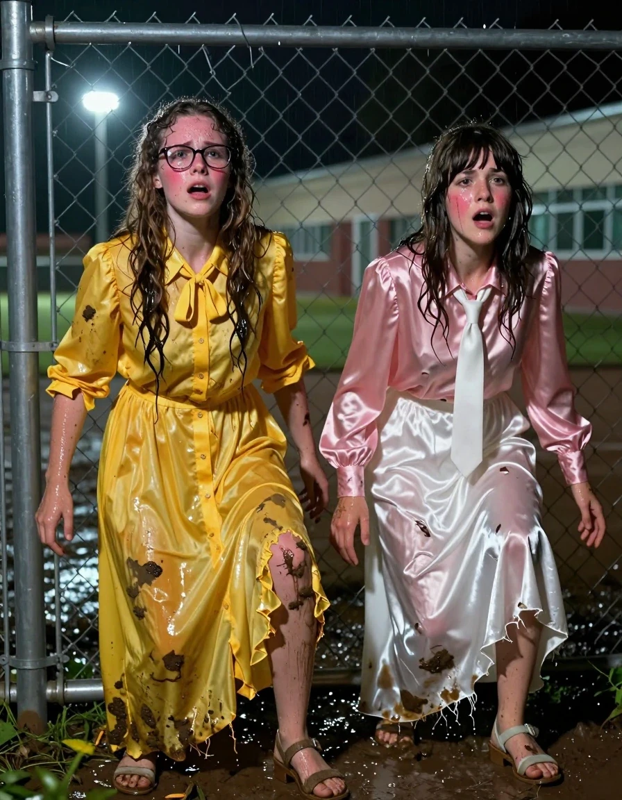 Hyper-realistic wide shot of two young adult European women, lesbian teachers, crawling through a chain-link school fence at night, gasping for air with flushed, breathless expressions. The first woman has long curly hair and glasses, wearing an oversized floor-length yellow buttoned-down nylon dress with a bowtie; the second woman has a Beatles-style haircut, wearing a pink long-sleeved satin blouse with a white necktie and a floor-length white silk skirt. Both women are wearing sandals. Their clothes are torn, mud-caked, and thoroughly soaking wet, with the nylon and silk fabrics clinging heavily to their bodies, translucent in patches, darkened by water saturation, and showing realistic wet folds and textures. Their skin and hair are slick with water and mud, reflecting the dim moonlight and harsh outdoor security lights. The setting is a muddy, rain-slicked school yard at night, with the chain-link fence partially bent. The atmosphere is gritty and intense, captured with high-speed photography, shallow depth of field, sharp focus on the textures of the wet fabric and mud, cinematic lighting, 8k resolution, highly detailed skin pores, and authentic wet-look sheen.