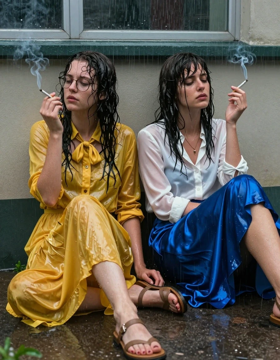 A photorealistic, cinematic shot of two young adult European lesbian nerdy teachers sitting on the floor outside a school building during a torrential downpour. The first woman has long curly hair, wears glasses, and is dressed in an oversized floor-length yellow buttoned-down nylon dress with a bowtie. The second woman has Beatles-style hair and wears a white long-sleeved satin blouse paired with a floor-length blue silk skirt. Both women are wearing sandals. They are resting their backs against the school wall, appearing completely sweaty and post-coital, each holding a smoking cigarette. The torrential rain has rendered their clothing and hair thoroughly drenched; the yellow nylon dress and blue silk skirt are clinging to their bodies, showing heavy wet folds, darkened fabric tones, and a realistic water sheen. Their skin is slick with sweat and rain, glistening under the dim, moody ambient light. The scene captures the raw, gritty texture of soaked fabric and wet skin in a high-detail, hyper-realistic photographic style.