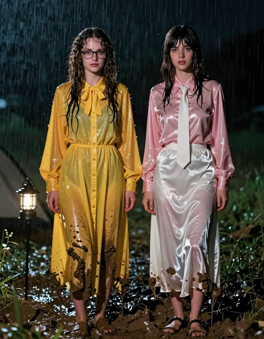 A photorealistic, cinematic night shot of two young adult European women, both nerdy teachers, wild camping in a muddy field. The first woman has long curly hair, wears glasses, and is dressed in an oversized floor-length yellow buttoned-down nylon dress with a bowtie; the second woman has a Beatles-style haircut and wears a pink long-sleeved satin blouse with a white necktie paired with a floor-length white silk skirt. Both women are wearing sandals. The scene is drenched in a heavy downpour, rendering their clothing and hair soaking wet, clinging to their bodies, and heavy with water. The nylon dress and silk skirt are saturated, dark, and translucent, showing deep, wet folds and clinging texture. Their skin and hair glisten with water sheen and specular highlights. They are standing amidst churned, thick mud, with their long hemlines dragging through the muck, stained and matted with wet earth. The lighting is dim, provided by a single flickering camping lantern, casting dramatic shadows and highlighting the glossy, wet surfaces of their rain-drenched clothes. 8k resolution, highly detailed textures, realistic wet skin, cinematic atmosphere, sharp focus on fabric folds and muddy splatters.