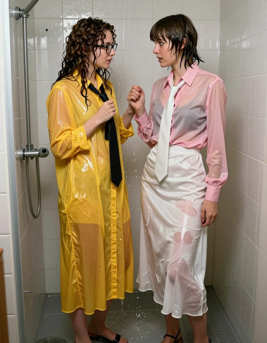 A photorealistic cinematic shot of two young adult European women, both nerdy teachers, inside an empty flooded shower. The first woman has long curly hair, wears glasses, and is dressed in an oversized floor-length yellow buttoned-down nylon dress with a black tie. The second woman has Beatles-style hair and wears a pink long-sleeved satin blouse with a white necktie and a floor-length white silk skirt. Both women are wearing sandals. The clothing is heavily soaked, with the white silk and pink satin clinging to their forms, showing deep water saturation, heavy wet folds, and translucent patches where the fabric is drenched. The yellow nylon dress is darkened and heavy with water, clinging to the skin. The two women are standing close together, interacting erotically, with their hands pulling and playing with their respective neckties. Their hair is wet and slick, skin glistening with water sheen and droplets. The flooded shower floor is covered in a layer of water, reflecting the overhead fluorescent light. The atmosphere is intimate and damp, with water droplets trickling down the tiled walls. High-resolution photography, sharp focus on the wet fabric textures, soft lighting creating specular highlights on the saturated garments and wet skin.