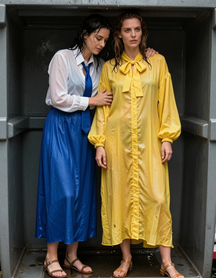 photo of young woman, in soaking wet, drenched clothes,
sandals, both: maxi dress, 1st woman: oversized yellow buttoned-down nylon dress with bowtie; 2nd woman: white long-sleeved satin blouse with blue necktie, maxi blue silk skirt, inside a garbage container, 
enjoying, wet clothes stuck to body,
detailed textures of the wet clothes, wet face, wet plastered hair,
wet, drenched, professional, high-quality details, full body view.
sharp focus, ultra-high pixel detail, realistic, high-quality, full colors, incredibly detailed, 4k, 8k, 16k, hyper-realistic, RAW photo, masterpiece, ultra-detailed, professionally color graded, professional photograph, nerdy lesbian teachers in their 30s. hiding, hugging each other, wet skin, wet clothes, damp fabric