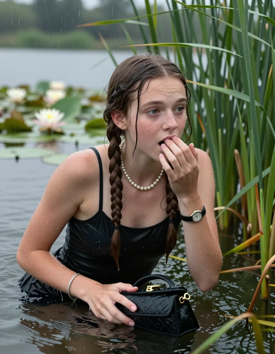 photo of young woman, in soaking wet, drenched clothes,
, , Small black dress with spaghetti straps and wide neckline, handbag, pearl necklace, bracelet, wristwatch , Emerging after diving in a lake with water lilies and reeds, rain , 
enjoying, wet clothes stuck to body,
detailed textures of the wet clothes, wet face, wet plastered hair,
wet, drenched, professional, high-quality details, full body view.
sharp focus, ultra-high pixel detail, realistic, high-quality, full colors, incredibly detailed, 4k, 8k, 16k, hyper-realistic, RAW photo, masterpiece, ultra-detailed, professionally color graded, professional photograph, Two long braids

15 years old  teenage girl

Laying her breast on the surface.  Looking slightly away. Hold her hand on mouth.

she is completely underwater up to her neck, afraid and astonished expression. 

She hides in the reeds and is surprised by spectators

her submerged clothes are hardly vusible under water, she soaked her handbag into the water

close up view, wet skin, wet clothes, wet hair, damp fabric, water runs down the clothes, wet skin, wet clothes, damp fabric, wet skin, wet clothes, damp fabric, wet skin, wet clothes, damp fabric, wet skin, wet clothes, damp fabric, wet skin, wet clothes, damp fabric, wet skin, wet clothes, damp fabric, wet skin, wet clothes, damp fabric, wet skin, wet clothes, damp fabric, wet skin, wet clothes, damp fabric, wet skin, wet clothes, damp fabric, wet skin, wet clothes, damp fabric, wet skin, wet clothes, damp fabric, wet skin, wet clothes, damp fabric, wet skin, wet clothes, damp fabric, wet skin, wet clothes, damp fabric, wet skin, wet clothes, damp fabric, wet skin, wet clothes, damp fabric, wet skin, wet clothes, damp fabric, wet skin, wet clothes, damp fabric