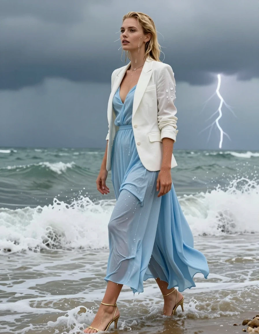 photo of young woman, in soaking wet, drenched clothes,
Strappy gold stilettos , Pale blue ballgown , white blazer , Standing in surf, thunder storm , 
enjoying, wet clothes stuck to body,
detailed textures of the wet clothes, wet face, wet plastered hair,
wet, drenched, professional, high-quality details, full body view.
sharp focus, ultra-high pixel detail, realistic, high-quality, full colors, incredibly detailed, 4k, 8k, 16k, hyper-realistic, RAW photo, masterpiece, ultra-detailed, professionally color graded, professional photograph, Blonde, wet clothes, wet skin, wet clothes, damp fabric, wet skin, wet clothes, damp fabric