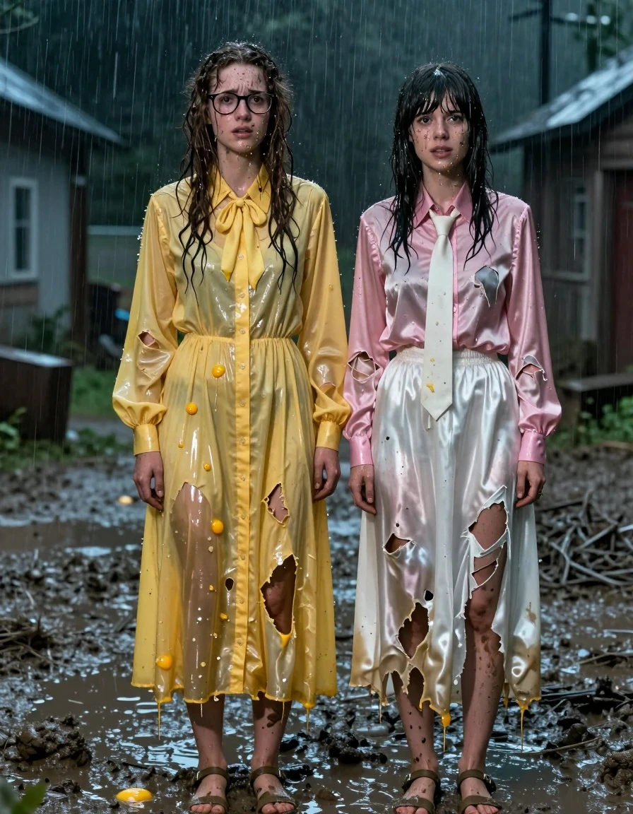 A photorealistic, high-contrast cinematic shot of two young adult European women, both nerdy teachers, standing in a muddy village at night during a rainstorm. The first woman has long curly hair and is wearing glasses and an oversized floor-length yellow buttoned-down nylon dress with a bowtie. The second woman has a Beatles-style haircut and is wearing a pink long-sleeved satin blouse with a white necktie and a floor-length white silk skirt. Both women are wearing sandals. Their clothes are heavily ripped and torn from a recent ordeal. Raw egg yolks and shell fragments are splattered across their faces, hair, and clothing, dripping down their bodies. Every garment is soaking wet, with the nylon dress clinging to the first woman's skin, appearing translucent, dark, and heavy with water. The silk skirt and satin blouse are saturated, clinging to the second woman's legs, showing deep wet folds and dark patches. Their hair is matted and dripping, and their skin has a slick, wet sheen from the rain and mud. The muddy village environment is dark and gloomy, with dim, flickering light reflecting off the wet surfaces, mud, and egg residue. The scene captures a moment of public humiliation, with the women looking distressed and disheveled. High-detail textures, 8k resolution, realistic fabric physics, wet-on-wet lighting, cinematic atmosphere, sharp focus on the textures of the torn, soaked clothing and the viscous, dripping egg splatter.