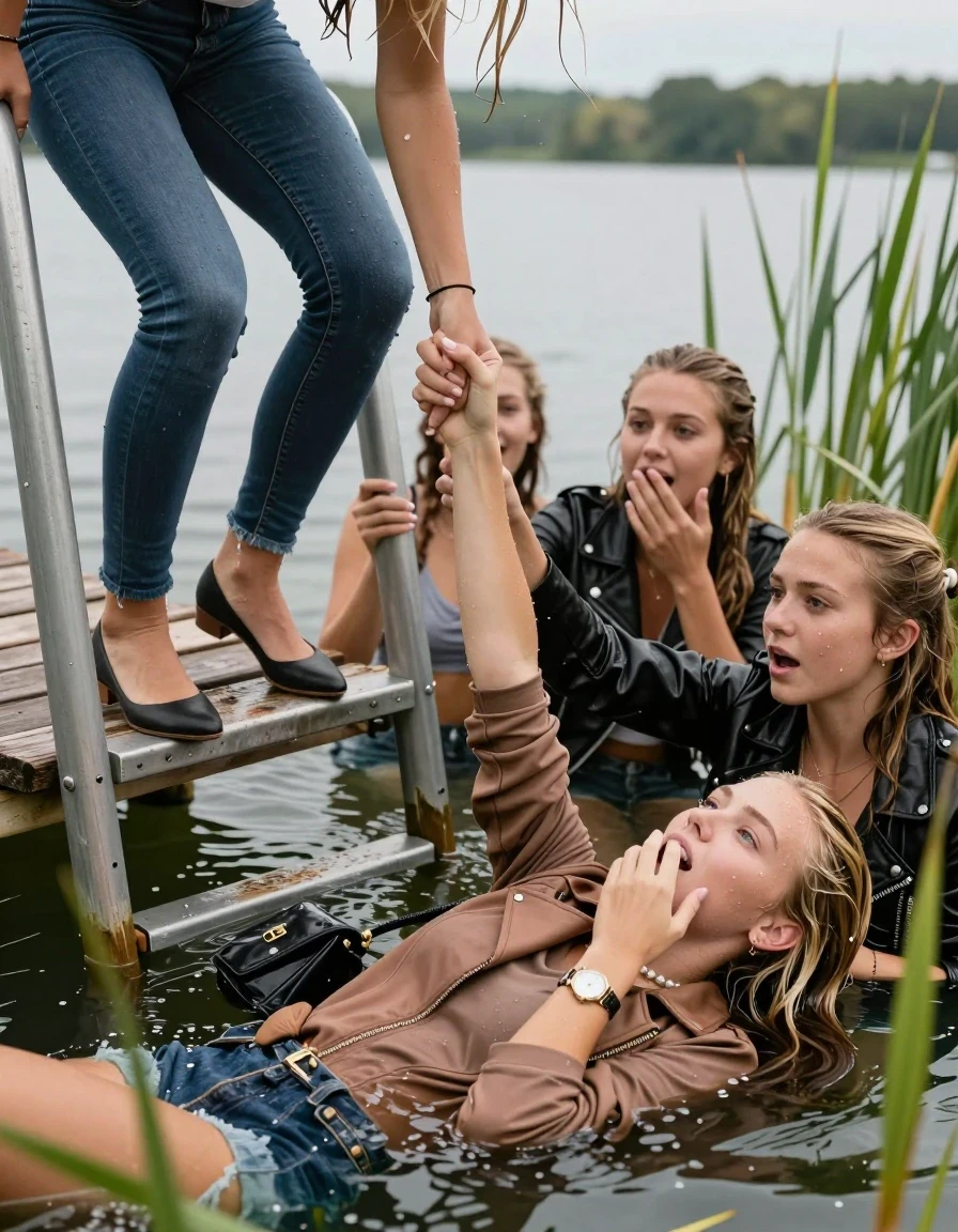 photo of young woman, in soaking wet, drenched clothes,
Heels, Completely soaked tight skinny jeans , Light brown or black biker leatherjacket, Tight turtleneck sweater belly free, handbag, pearl necklace, bracelet, wristwatch , Group of Girls with a hand on her mouth on a wooden bathing platform with a bathing ladder on a beautiful lake. The girls smiles with a sense of adventure and climbs the ladder already half submerged into the water. The water reaches up to her chest. , 
enjoying, wet clothes stuck to body,
detailed textures of the wet clothes, wet face, wet plastered hair,
wet, drenched, professional, high-quality details, full body view.
sharp focus, ultra-high pixel detail, realistic, high-quality, full colors, incredibly detailed, 4k, 8k, 16k, hyper-realistic, RAW photo, masterpiece, ultra-detailed, professionally color graded, professional photograph, Different hair styles, Blonde sleek long straight hair or sleek ponytail

19 years old  teenage girl

Laying her breast on the surface.  Looking slightly away.

One Girl inside the water with a biker leatherjacket and one hand on her mouth, hold with the other the viewer's hand, pulling them she is completely underwater up to her neck, afraid and astonished expression. 

She hides in the reeds.

her submerged clothes are hardly vusible under water, she soaked her handbag into the water. The Girls wear different clothes. 

close up view, wet skin, wet clothes, wet hair, damp fabric, water runs down the clothes, wet skin, wet clothes, damp fabric, wet skin, wet clothes, damp fabric, wet skin, wet clothes, damp fabric, wet skin, wet clothes, damp fabric, wet skin, wet clothes, damp fabric, wet skin, wet clothes, damp fabric, wet skin, wet clothes, damp fabric, wet skin, wet clothes, damp fabric, wet skin, wet clothes, damp fabric, wet skin, wet clothes, damp fabric, wet skin, wet clothes, damp fabric, wet skin, wet clothes, damp fabric, wet skin, wet clothes, damp fabric, wet skin, wet clothes, damp fabric, wet skin, wet clothes, damp fabric, wet skin, wet clothes, damp fabric, wet skin, wet clothes, damp fabric, wet skin, wet clothes, damp fabric, wet skin, wet clothes, damp fabric, wet skin, wet clothes, damp fabric, wet skin, wet clothes, damp fabric