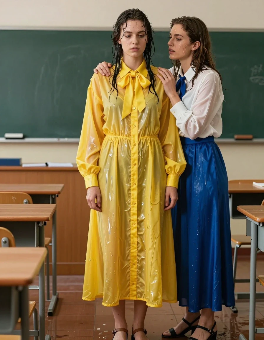 photo of young woman, in soaking wet, drenched clothes,
sandals, both: maxi dress, 1st woman: oversized yellow buttoned-down nylon dress with bowtie; 2nd woman: white long-sleeved satin blouse with blue necktie, maxi blue silk skirt, classroom closet, 
enjoying, wet clothes stuck to body,
detailed textures of the wet clothes, wet face, wet plastered hair,
wet, drenched, professional, high-quality details, full body view.
sharp focus, ultra-high pixel detail, realistic, high-quality, full colors, incredibly detailed, 4k, 8k, 16k, hyper-realistic, RAW photo, masterpiece, ultra-detailed, professionally color graded, professional photograph, nerdy lesbian teachers in their 30s. hiding, hugging each other, wet skin, wet clothes, damp fabric