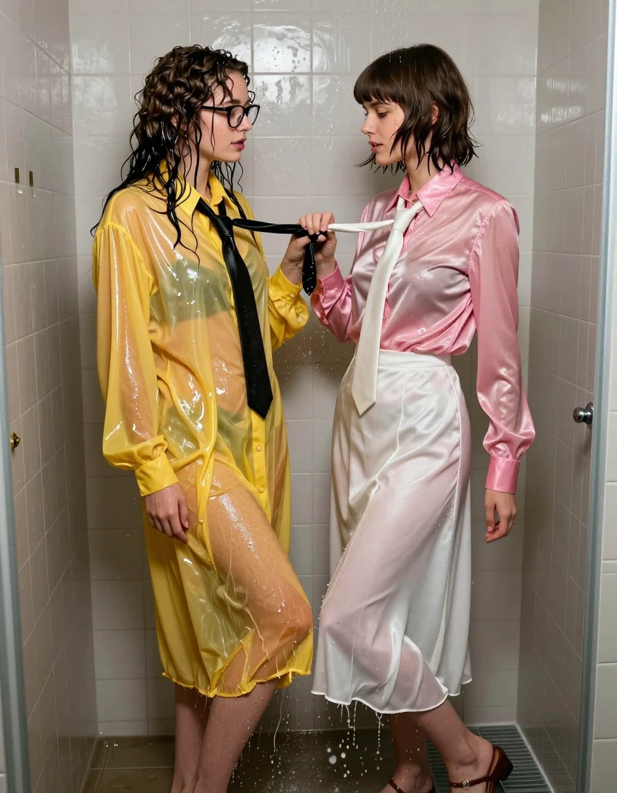 A photorealistic medium shot of two young adult European women in an empty, flooded, tiled shower cubicle. The first woman has long curly hair, wears thick-rimmed glasses, and is dressed in an oversized, floor-length yellow buttoned-down nylon dress with a black tie. The second woman has a Beatles-style haircut and wears a pink long-sleeved satin blouse with a white necktie paired with a floor-length white silk skirt. Both women wear sandals. The scene is saturated with water; their hair is matted and dripping, and their skin has a glistening, wet sheen. The nylon, satin, and silk fabrics are soaking wet, clinging heavily to their bodies, appearing translucent and darker in patches due to water saturation, with heavy folds and visible water-drenched texture. They are interacting erotically, standing close together, playfully tugging and adjusting each other's neckties with focused, intense expressions. The environment is a sterile, empty shower with water pooling around their ankles and cascading down the walls. Cinematic lighting highlights the wet textures and reflective surfaces of the water, high-resolution photography, 8k, sharp focus on fabric details and facial expressions.