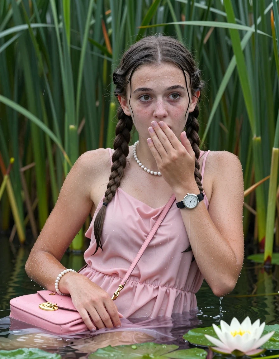 photo of young woman, in soaking wet, drenched clothes,
, , Small pink dress with spaghetti straps and wide neckline, handbag, pearl necklace, bracelet, wristwatch , Emerging after diving in a lake with water lilies and reeds, rain , 
enjoying, wet clothes stuck to body,
detailed textures of the wet clothes, wet face, wet plastered hair,
wet, drenched, professional, high-quality details, full body view.
sharp focus, ultra-high pixel detail, realistic, high-quality, full colors, incredibly detailed, 4k, 8k, 16k, hyper-realistic, RAW photo, masterpiece, ultra-detailed, professionally color graded, professional photograph, Two long braids

15 years old  teenage girl

Laying her breast on the surface.  Looking slightly away. Hold her hand on mouth.

she is completely underwater up to her neck, afraid and astonished expression. 

She hides in the reeds and is surprised by spectators

her submerged clothes are hardly vusible under water, she soaked her handbag into the water

close up view, wet skin, wet clothes, wet hair, damp fabric, water runs down the clothes, wet skin, wet clothes, damp fabric, wet skin, wet clothes, damp fabric, wet skin, wet clothes, damp fabric, wet skin, wet clothes, damp fabric, wet skin, wet clothes, damp fabric, wet skin, wet clothes, damp fabric, wet skin, wet clothes, damp fabric, wet skin, wet clothes, damp fabric, wet skin, wet clothes, damp fabric, wet skin, wet clothes, damp fabric, wet skin, wet clothes, damp fabric, wet skin, wet clothes, damp fabric, wet skin, wet clothes, damp fabric, wet skin, wet clothes, damp fabric, wet skin, wet clothes, damp fabric, wet skin, wet clothes, damp fabric, wet skin, wet clothes, damp fabric, wet skin, wet clothes, damp fabric, wet skin, wet clothes, damp fabric