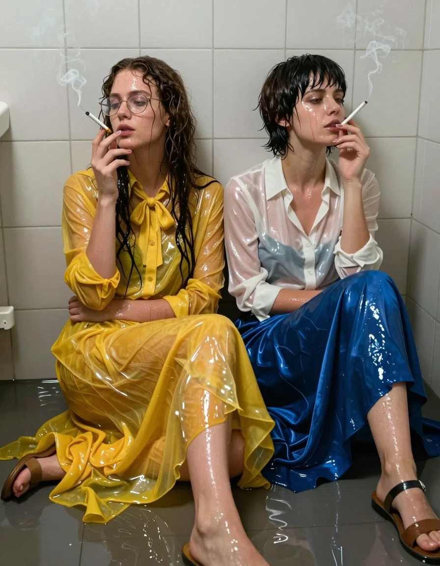 A hyper-realistic, high-detail cinematic shot of two young adult European women, both portraying nerdy teachers, sitting on the floor of an empty, flooded public toilet, backs leaning against the tiled wall. The first woman has long curly hair, wears glasses, and is dressed in an oversized, floor-length yellow buttoned-down nylon dress with a bowtie; the second woman has short Beatles-style hair, wearing a white long-sleeved satin blouse and a floor-length blue silk skirt. Both women are depicted completely sweaty, with glistening, slick skin and damp, matted hair clinging to their faces and necks. Their clothing is heavily soaked, with the yellow nylon dress and blue silk skirt appearing dark, heavy, and translucent in areas, clinging to their bodies with deep, water-saturated folds and glossy, liquid-sheen surfaces. Both women are wearing sandals, their feet partially submerged in the shallow, reflective water covering the floor. They are both smoking, with thin wisps of cigarette smoke curling into the humid air. The environment is a dimly lit, tiled restroom with water ripples reflecting the overhead fluorescent lights, creating strong specular highlights on the wet floor and their drenched garments. Photorealistic textures, 8k resolution, capturing the damp, heavy atmosphere and the translucent, clinging nature of the wet fabrics.