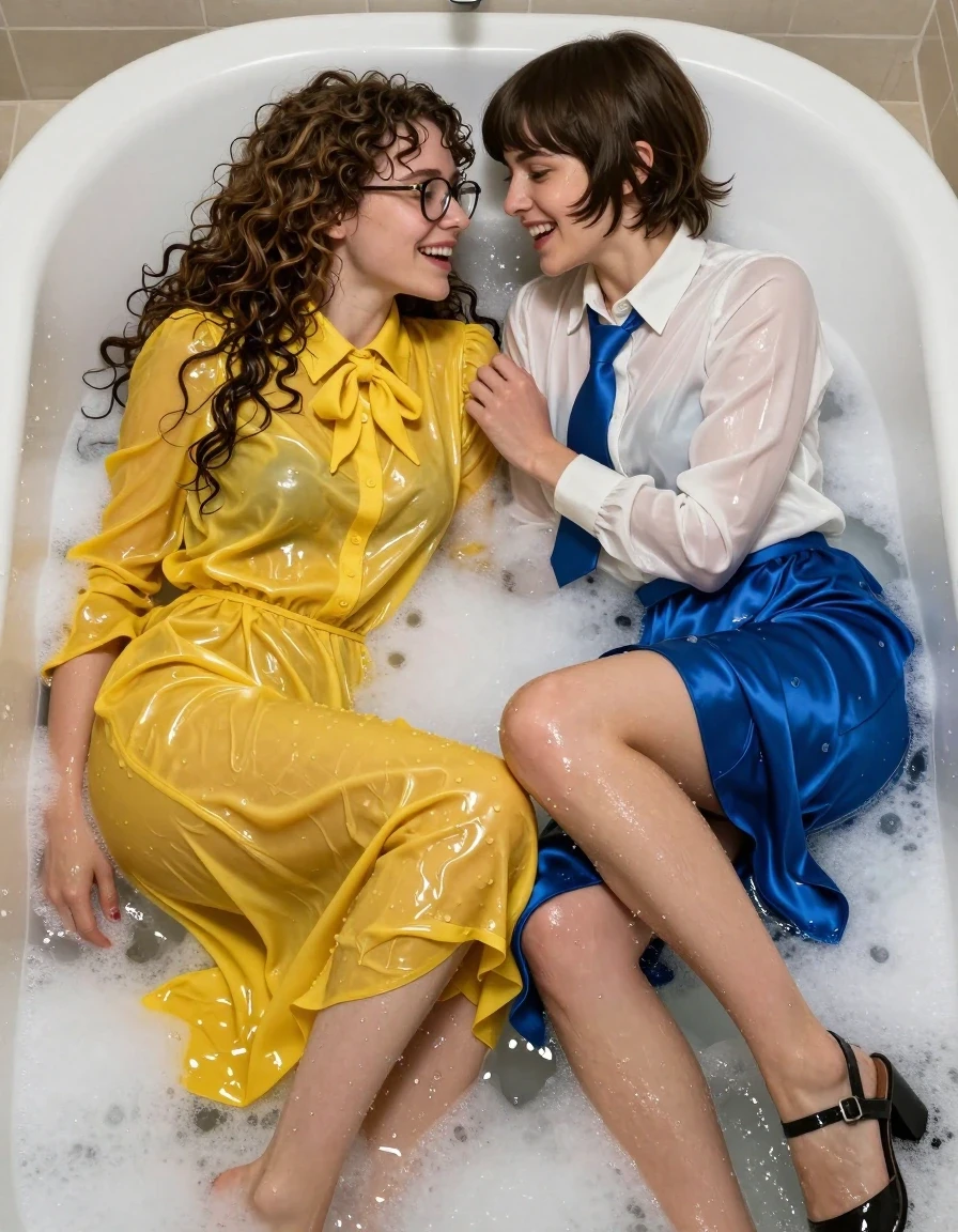 A photorealistic, highly detailed scene of two young adult European women, both nerdy teachers, sharing an intimate moment in a bathtub filled with thick, bubbling white foam. The first woman has long, flowing curly hair and wears stylish glasses; she is dressed in an oversized, floor-length yellow buttoned-down nylon dress with a bowtie, the fabric completely soaked, heavy, and clinging to her skin, showing deep, saturated yellow tones and glossy water-sheen reflections. The second woman has a classic Beatles-style haircut and is wearing a long-sleeved white satin blouse with a blue necktie, paired with a floor-length blue silk skirt that has been pulled up and taken off to the knee, the silk fabric clinging wetly to her legs, darkened by water absorption, with translucent folds and high-specular highlights. Both women are wearing wet sandals. They are experiencing intense expressions of pleasure and orgasm. The bathtub environment is filled with rich, creamy foam, with water droplets clinging to their wet skin and damp, matted hair. Cinematic lighting captures the glistening wet textures, the deep saturation of the soaked fabrics, and the realistic cling of the garments. 8k resolution, hyper-realistic skin textures, dramatic lighting, sharp focus on the expressions and wet fabric details.
