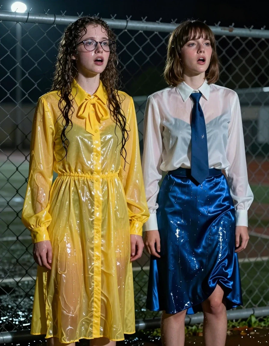Photorealistic medium shot of two young adult European women, nerdy teachers, standing against a chain-link school fence at night. The first woman has long curly hair, wears glasses, and is dressed in an oversized floor-length yellow buttoned-down nylon dress with a bowtie; the nylon fabric is soaking wet, clinging to her skin with deep translucent wet patches, heavy water-saturated folds, and high-gloss specular highlights. The second woman has a Beatles-style haircut and wears a white long-sleeved satin blouse with a blue necktie and a floor-length blue silk skirt that is pulled up and bunched at the knee; the silk is drenched, dark, and clinging to her legs with a shimmering, liquid-sheen texture. Both women are gasping for air, expressions of breathless exhaustion and illicit excitement, their skin glistening with moisture and hair matted with water. The scene is set at night against the dark, metallic school fence, illuminated by harsh, moody moonlight that catches the wet textures of the nylon and silk. Cinematic lighting, high contrast, sharp focus, 8k resolution, realistic skin pores, damp fabric physics.