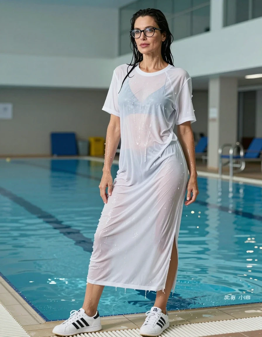 photo of young woman, in soaking wet, drenched clothes,
adidas shoes, maxi white adidas t-shirt dress with short sleeves, maxi white adidas t-shirt dress with short sleeves, shower after swim in indoor swimming pool, enjoying wet clothes stuck body, enjoying, wet clothes stuck to body, 
enjoying, wet clothes stuck to body,
detailed textures of the wet clothes, wet face, wet plastered hair,
wet, drenched, professional, high-quality details, full body view.
sharp focus, ultra-high pixel detail, realistic, high-quality, full colors, incredibly detailed, 4k, 8k, 16k, hyper-realistic, RAW photo, masterpiece, ultra-detailed, professionally color graded, professional photograph, europen brunette skinny woman 50 years old, long dark black hair, very big and thick lips,  office glasses, complete body, wet skin, wet clothes, damp fabric, wet skin, wet clothes, damp fabric, wet skin, wet clothes, damp fabric, wet skin, wet clothes, damp fabric, wet skin, wet clothes, damp fabric