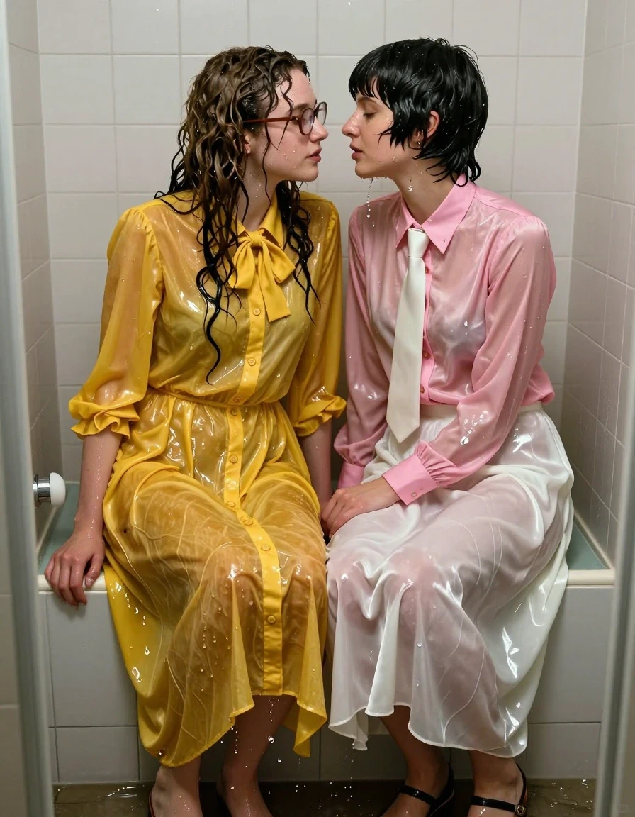 A hyper-realistic, photorealistic scene of two young adult European women, both nerdy teachers, engaged in an intimate sexual encounter inside an empty, tiled, flooded shower. The first woman has long curly hair, wears glasses, and is dressed in an oversized, floor-length yellow buttoned-down nylon dress with a bowtie; the second woman has a Beatles-style haircut and wears a pink long-sleeved satin blouse with a white necktie paired with a floor-length white silk skirt. Both women are wearing sandals. The scene is saturated with water, creating a wetlook effect; the yellow nylon dress and white silk skirt are soaking wet, clinging to their bodies, showing darkened fabric, heavy wet folds, and strong glossy specular highlights from the water sheen. Their skin is glistening with water, and their hair is drenched and matted, dripping with moisture. The environment is an empty, tiled shower stall with water pooling on the floor. Cinematic lighting highlights the water droplets and the translucent, wet texture of the clothing. High-resolution, 8k, detailed textures, sharp focus, intimate atmosphere, realistic anatomy, wet skin and fabric sheen.