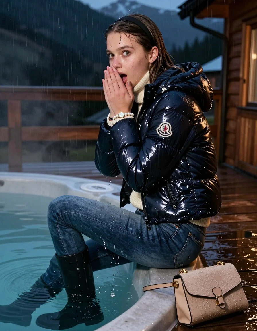 photo of young woman, in soaking wet, drenched clothes,
High boots, Drenched and soaked tight skinny jeans, Moncler shiny Puffer down jacket,  knit turtelneck sweater, handbag, pearl necklace, bracelet, wristwatch , A realistic vertical fashion photograph of a 15-year-old girl emerge after diving at the edge of a steaming hot tub on a wooden mountain cabin deck at night. She is looking back over her shoulder toward the camera. Heavy Rain., 
enjoying, wet clothes stuck to body,
detailed textures of the wet clothes, wet face, wet plastered hair,
wet, drenched, professional, high-quality details, full body view.
sharp focus, ultra-high pixel detail, realistic, high-quality, full colors, incredibly detailed, 4k, 8k, 16k, hyper-realistic, RAW photo, masterpiece, ultra-detailed, professionally color graded, professional photograph, Close-up. 
Sleek long straight hair with hairband

15 years old  teenage girl

 hold her hands over her mouth. Laying her breast on the surface.

she is completely underwater up to her neck, afraid and astonished expression.

her submerged clothes are hardly vusible under water, she soaked her handbag into the water

close up view, wet skin, wet clothes, wet hair, damp fabric, water runs down the clothes, wet skin, wet clothes, damp fabric, wet skin, wet clothes, damp fabric, wet skin, wet clothes, damp fabric, wet skin, wet clothes, damp fabric, wet skin, wet clothes, damp fabric, wet skin, wet clothes, damp fabric, wet skin, wet clothes, damp fabric, wet skin, wet clothes, damp fabric, wet skin, wet clothes, damp fabric, wet skin, wet clothes, damp fabric, wet skin, wet clothes, damp fabric, wet skin, wet clothes, damp fabric, wet skin, wet clothes, damp fabric, wet skin, wet clothes, damp fabric, wet skin, wet clothes, damp fabric, wet skin, wet clothes, damp fabric, wet skin, wet clothes, damp fabric, wet skin, wet clothes, damp fabric, wet skin, wet clothes, damp fabric