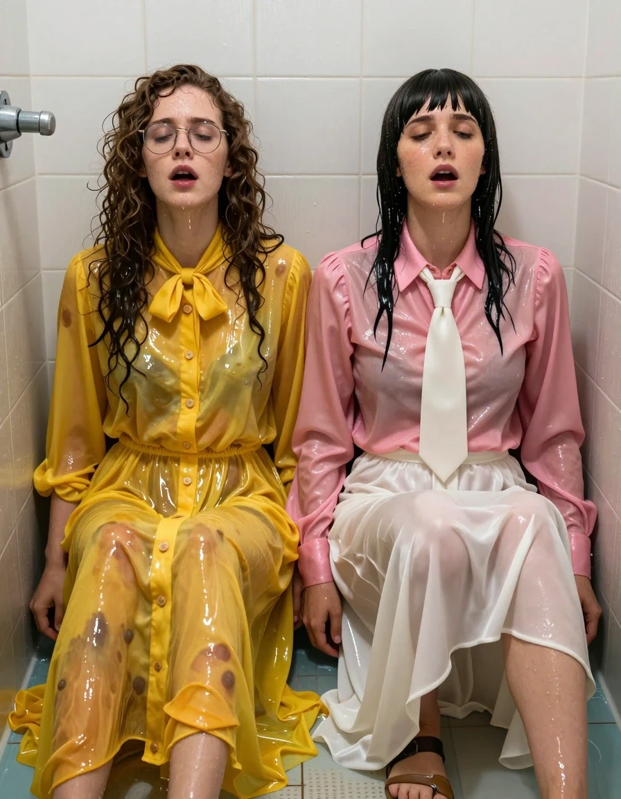 A photorealistic medium shot of two young adult European women, both lesbian nerdy teachers, sitting on the floor of an empty flooded shower, their backs against the tiled wall. The first woman has long curly hair, wears glasses, and is dressed in an oversized floor-length yellow buttoned-down nylon dress with a bowtie. The second woman has a Beatles-style haircut and wears a pink long-sleeved satin blouse with a white necktie and a floor-length white silk skirt. Both women are gasping for air, looking exhausted, their skin glistening with water, hair damp and plastered to their faces. Their clothing is heavily soaked, with the nylon, satin, and silk fabrics clinging to their bodies, showing deep, darkened patches, heavy wet folds, and strong glossy water sheens. They are wearing sandals on their feet. The environment is a wet, tiled shower stall with shallow water on the floor, reflected light shimmering on the damp surfaces, cinematic lighting, high-detail textures, 8k resolution, realistic skin pores, and water-saturated fabrics.