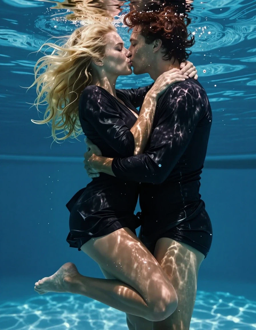 Full body RAW photo of a beautiful blonde European woman and her boyfriend embracing and kissing underwater in a swimming pool. The woman is wearing a soaking wet black minidress and dark, sheer pantyhose, no shoes. The clothing is drenched, clinging tightly to their bodies, with deep, saturated colors, heavy wet folds, and detailed fabric textures showing the weight of the water. Their faces and hair are completely wet, with hair plastered to their skin and heads. The water is clear, with light refracting through the surface to create shimmering highlights on their wet skin and the saturated fabric. Professional, hyper-realistic, 8k, 16k, ultra-high pixel detail, sharp focus on faces and textures, masterfully color-graded, cinematic underwater lighting, atmospheric, incredibly detailed.