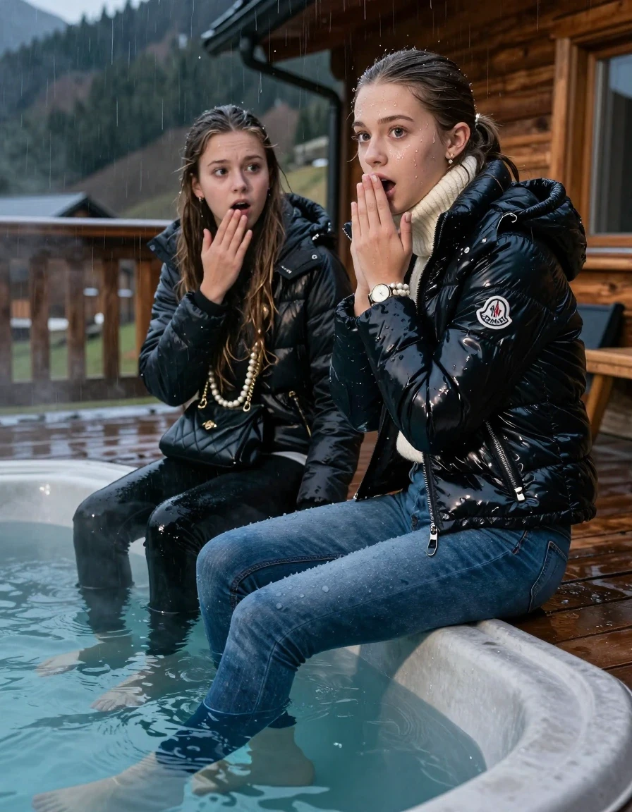 photo of young woman, in soaking wet, drenched clothes,
, Drenched and soaked tight skinny jeans, Moncler shiny Puffer down jacket,  knit turtelneck sweater, handbag, pearl necklace, bracelet, wristwatch , A realistic fashion photograph of  two 15-year-old girl sitting at the edge of a steaming hot tub on a wooden mountain cabin deck at night. She is looking back over her shoulder toward the camera with an afraid and astonished expression. Rain. , 
enjoying, wet clothes stuck to body,
detailed textures of the wet clothes, wet face, wet plastered hair,
wet, drenched, professional, high-quality details, full body view.
sharp focus, ultra-high pixel detail, realistic, high-quality, full colors, incredibly detailed, 4k, 8k, 16k, hyper-realistic, RAW photo, masterpiece, ultra-detailed, professionally color graded, professional photograph, Sleek long straight hair and Sleek long ponytail 

Two 15-years-old teenage girl. 

Hold a hand over her mouth. Open mouth, big eyes. 

The girls wear different clothes.

One is completely underwater up to her neck, shocked expression.

her submerged clothes are hardly visible under water, she soaked her handbag into the water

close up view, wet skin, wet clothes, wet hair, damp fabric, water runs down the clothes, wet skin, wet clothes., wet skin, wet clothes, damp fabric