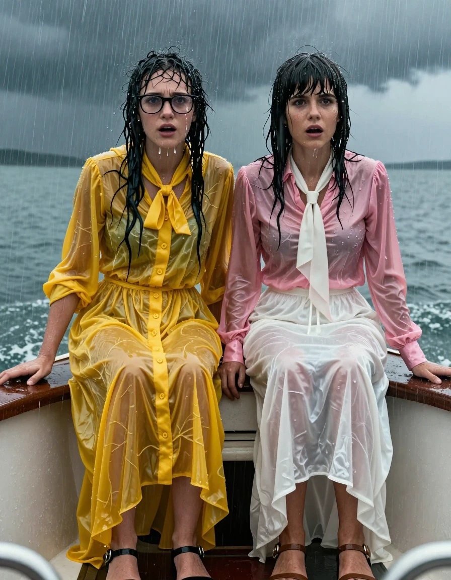 A photorealistic cinematic shot of two young adult European women, lesbian nerdy teachers, caught in a violent rainstorm aboard a small boat. The first woman has long curly hair, wears thick-rimmed glasses, and is dressed in an oversized floor-length yellow buttoned-down nylon dress with a bowtie; the second woman has a Beatles-style haircut and wears a pink long-sleeved satin blouse with a white necktie and a floor-length white silk skirt. Both women wear sandals. The scene is intensely wet: their hair is matted and dripping, skin slick with rain, and their clothing is completely soaked, clinging to their bodies with heavy, dark, water-saturated fabric folds and translucent patches. The yellow nylon and white silk are rendered heavy, darkened by water, and clinging to their forms, showing realistic wet texture and sheen. The environment is a small, rocking boat in a dark, choppy sea under a stormy sky, with rain lashing down. High-contrast lighting, glistening wet surfaces, hyper-detailed skin texture, atmospheric rain spray, cinematic composition, 8k resolution, sharp focus on expressions of surprise and intensity.