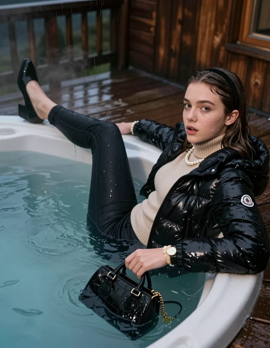 photo of young woman, in soaking wet, drenched clothes,
Heels, Drenched and soaked tight black skinny jeans, Moncler black shiny Puffer down jacket, tight beige knit turtelneck sweater, handbag, pearl necklace, bracelet, wristwatch , A realistic vertical fashion photograph of a 15-year-old girl leaning back at the edge of a steaming hot tub on a wooden mountain cabin deck at night. She is looking back over her shoulder toward the camera. Heavy Rain., 
enjoying, wet clothes stuck to body,
detailed textures of the wet clothes, wet face, wet plastered hair,
wet, drenched, professional, high-quality details, full body view.
sharp focus, ultra-high pixel detail, realistic, high-quality, full colors, incredibly detailed, 4k, 8k, 16k, hyper-realistic, RAW photo, masterpiece, ultra-detailed, professionally color graded, professional photograph, Close-up. 
Sleek long straight hair with hairband

15 years old  teenage girl. 

Laying her breast on the surface.

she is completely underwater up to her neck, afraid and astonished expression.

her submerged clothes are hardly vusible under water, she soaked her handbag into the water

close up view, wet skin, wet clothes, wet hair, damp fabric, water runs down the clothes, wet skin, wet clothes, damp fabric, wet skin, wet clothes, damp fabric, wet skin, wet clothes, damp fabric, wet skin, wet clothes, damp fabric, wet skin, wet clothes, damp fabric, wet skin, wet clothes, damp fabric, wet skin, wet clothes, damp fabric, wet skin, wet clothes, damp fabric, wet skin, wet clothes, damp fabric, wet skin, wet clothes, damp fabric, wet skin, wet clothes, damp fabric, wet skin, wet clothes, damp fabric, wet skin, wet clothes, damp fabric, wet skin, wet clothes, damp fabric, wet skin, wet clothes, damp fabric, wet skin, wet clothes, damp fabric, wet skin, wet clothes, damp fabric, wet skin, wet clothes, damp fabric, wet skin, wet clothes, damp fabric, wet skin, wet clothes, damp fabric, wet skin, wet clothes, damp fabric