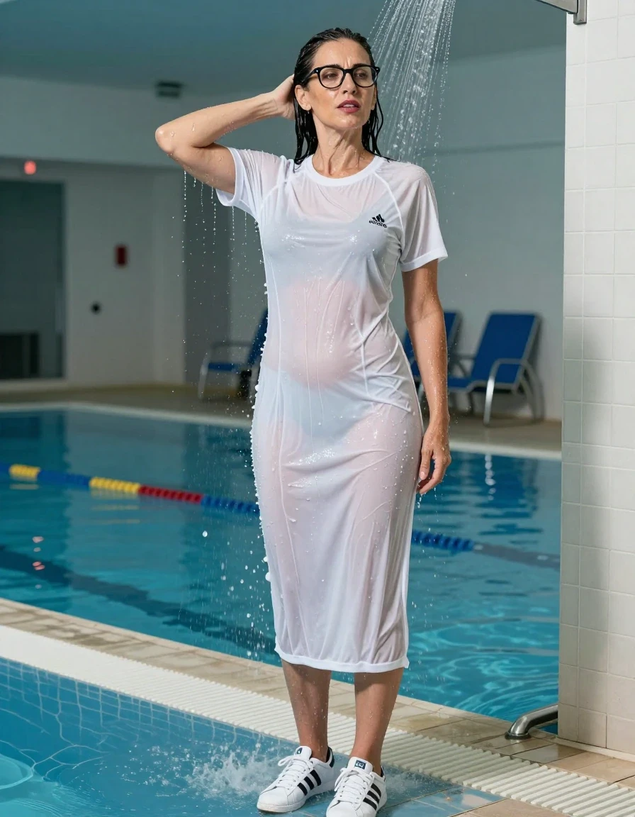 photo of young woman, in soaking wet, drenched clothes,
adidas shoes, long white adidas t-shirt dress with short sleeves, long white adidas t-shirt dress with short sleeves, taking shower after swim in indoor swimming pool, enjoying wet clothes stuck body, enjoying, wet clothes stuck to body, 
enjoying, wet clothes stuck to body,
detailed textures of the wet clothes, wet face, wet plastered hair,
wet, drenched, professional, high-quality details, full body view.
sharp focus, ultra-high pixel detail, realistic, high-quality, full colors, incredibly detailed, 4k, 8k, 16k, hyper-realistic, RAW photo, masterpiece, ultra-detailed, professionally color graded, professional photograph, europen brunette skinny woman 50 years old, long dark black hair, very big and thick lips,  office glasses, complete body, wet skin, wet clothes, damp fabric, wet skin, wet clothes, damp fabric, wet skin, wet clothes, damp fabric, wet skin, wet clothes, damp fabric, wet skin, wet clothes, damp fabric