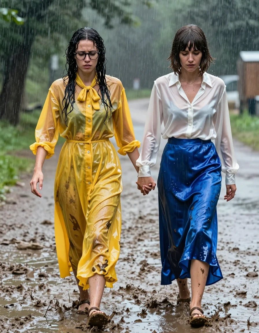Full-body shot of two young adult European lesbian teachers stranded in a heavy downpour on an empty muddy road, knee-deep in thick, viscous mud. First woman: long curly hair, wearing glasses and an oversized floor-length yellow buttoned-down nylon dress with a bowtie; the nylon fabric is soaked, clinging to her skin, translucent in places, and reflecting the rain with a high-gloss wet sheen. Second woman: Beatles-style haircut, wearing a long-sleeved white satin blouse and a floor-length blue silk skirt; the satin and silk are water-saturated, heavy with liquid, clinging to her frame with deep, dark patches and shimmering, fluid reflections. Both women are wearing sandals, their feet caked in mud, struggling to walk through the mire while firmly holding hands, expressions of determined frustration. The scene is captured with realistic wet textures, dripping skin, matted hair, and heavy fabric folds. Cinematic lighting captures the intense rainfall and the glossy, reflective surfaces of the wet clothing and mud, high-resolution, photorealistic, 8k, sharp focus on textures.