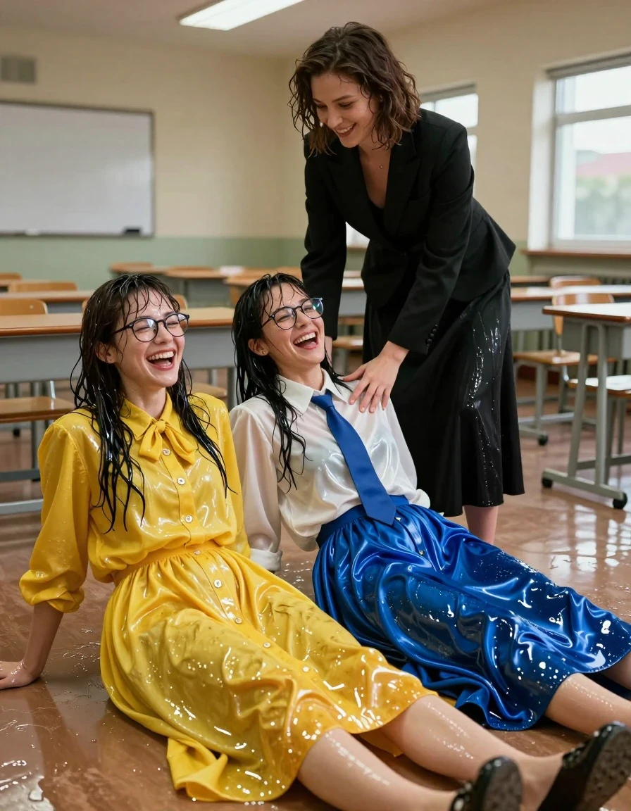 A photorealistic scene inside an empty, sunlit classroom. Two nerdy European women in their 30s, both wearing glasses, are lying submissively on the floor; the first woman wears an oversized yellow buttoned-down nylon dress with a bowtie, and the second woman wears a white long-sleeved satin blouse with a blue necktie paired with a maxi blue silk skirt. Both women have wet hair and skin, with their fabric garments appearing soaked, darkened, and clinging to their bodies with heavy, wet folds and glossy specular highlights. Standing over them is a third dominant woman in her 30s, wearing a sharp black tuxedo jacket and a floor-length maxi black skirt, appearing dry and poised as she punishes them. All three women are laughing, captured in a dynamic, candid moment. The floor is slightly damp, reflecting the overhead classroom lights. High-resolution, cinematic lighting, 8k, detailed textures, sharp focus on the wet fabric sheen and the expressions of the subjects.