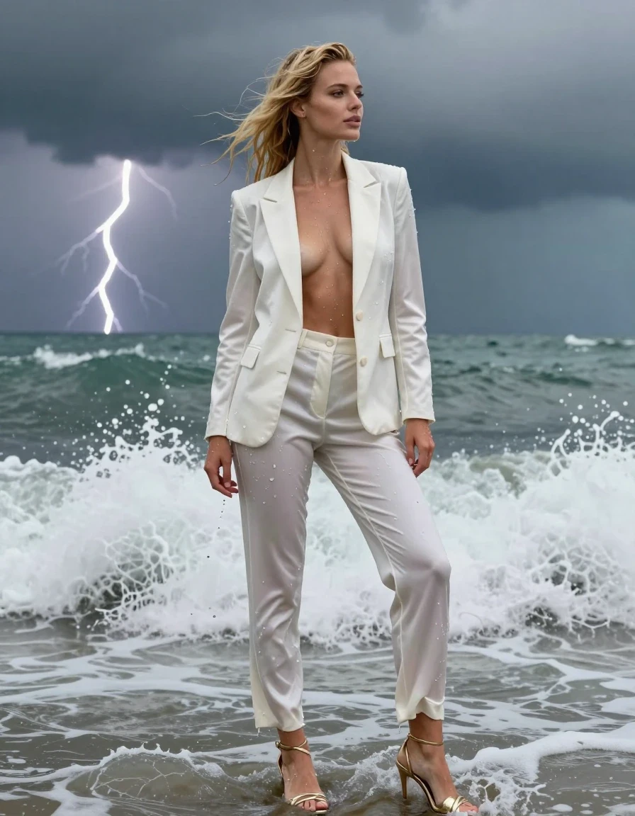 photo of young woman, in soaking wet, drenched clothes,
Strappy gold stilettos , Satin pants,  white blazer , Standing in surf, thunder storm , 
enjoying, wet clothes stuck to body,
detailed textures of the wet clothes, wet face, wet plastered hair,
wet, drenched, professional, high-quality details, full body view.
sharp focus, ultra-high pixel detail, realistic, high-quality, full colors, incredibly detailed, 4k, 8k, 16k, hyper-realistic, RAW photo, masterpiece, ultra-detailed, professionally color graded, professional photograph, Blonde, wet clothes, wet skin, wet clothes, damp fabric, wet skin, wet clothes, damp fabric, wet skin, wet clothes, damp fabric