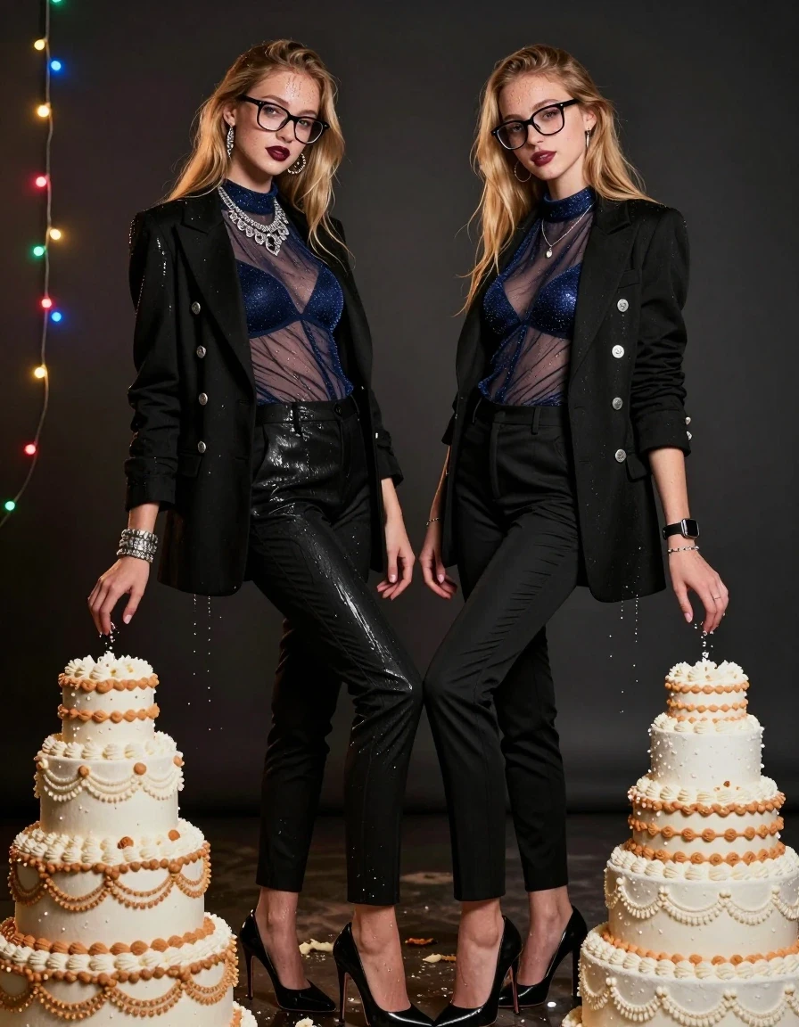 photo of young woman, in soaking wet, drenched clothes,
Black very high heels stilettos, Back long wool slimfit pants, Black very short elegant opened wool coat with spectacular silver buttons over Deep blue/navy glittering sheer blouse with a high neckline, combined with darkblue bra, paired with a heavy ornate silver statement necklace, Dark photo studio with lots of cakes on the floor. Dark environment, warm mood lighting with colourful string of lights. , 
enjoying, wet clothes stuck to body,
detailed textures of the wet clothes, wet face, wet plastered hair,
wet, drenched, professional, high-quality details, full body view.
sharp focus, ultra-high pixel detail, realistic, high-quality, full colors, incredibly detailed, 4k, 8k, 16k, hyper-realistic, RAW photo, masterpiece, ultra-detailed, professionally color graded, professional photograph, Two young cute gleaming very tall and skinny fifteen years old girl. Two girls tramples nice tiered cakes apart in photo studio with their high heels while they posing for the camera. They are flawlessly fully dressed. Both girls wear similar sheer blouse, black wool trousers and black wool coat clothes. They are very tall, athletic and skinny, they have a round white American face, very long blonde hair hanging loosely. They have tiny very small size AA breasts that are flat and have almost no profile. They have thick rectangular glasses, they have a couple freckles on their faces. They have smiling cute face, silver bracelets, necklaces, large hoop earrings, darkred lipstick, smartwacthes on their wirsts. They have very long legs. Masterpiece, low angles and side view, fashion photo quality, realistic mood lighting with colourful string of lights, high quality. Close-up picture. Masterwork, they are looking sultry with her mouth slightly open and a wry smile at the camera, they are looking into the camera while they enjoying the cake crushing., wet skin, wet clothes, damp fabric