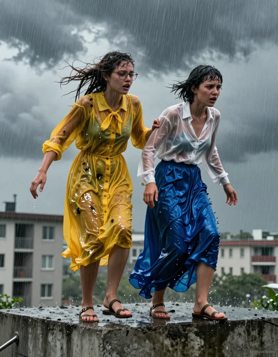 A photorealistic wide shot of two young adult European women stranded on top of a concrete blockhouse during a torrential rainstorm, frantically trying to find a way back into a nearby apartment building. The first woman has long curly hair, wearing glasses and an oversized yellow buttoned-down nylon dress with a bowtie; the fabric is heavily saturated, clinging to her body, with dark wet patches and high-gloss specular reflections from the downpour. The second woman has short tomboyish hair, wearing a white long-sleeved satin blouse and a long blue silk maxi skirt; the satin is translucent and plastered to her skin, while the silk skirt is heavy with water, clinging to her legs and dragging with wet weight. Both women are wearing sandals, their skin glistening with rain and hair matted against their faces. The atmosphere is dark and stormy, with heavy rain streaks, wind-blown hair, and dramatic grey clouds. The scene captures a sense of urgency and distress. Cinematic lighting, 8k, highly detailed textures, realistic water physics, wet skin, shivering expressions, sharp focus on fabric folds and clinging silhouettes.