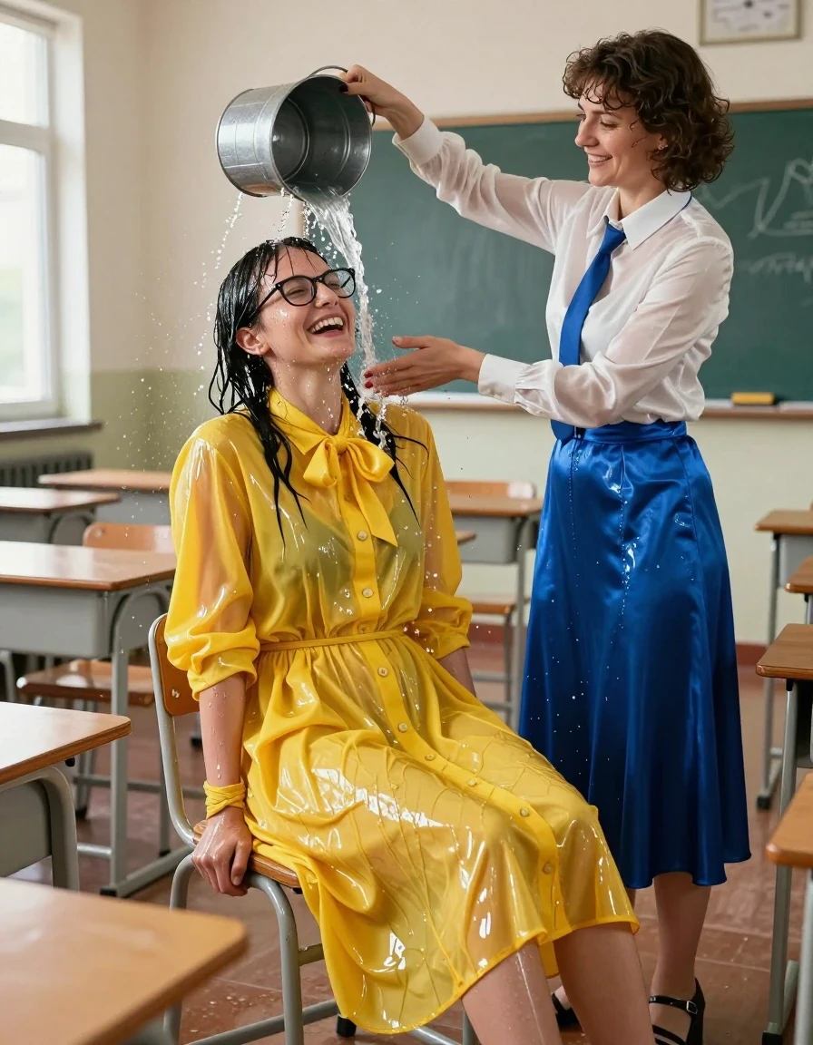 Photorealistic cinematic shot in an empty classroom, two European women in their 30s depicted as nerdy teachers. The first woman, wearing glasses and an oversized yellow buttoned-down nylon dress with a bowtie, is tied to a wooden chair, laughing. The second woman, wearing a white long-sleeved satin blouse, a blue necktie, and a maxi blue silk skirt, is standing over her, smiling, and pouring a bucket of water over her. Both women wear sandals. The yellow nylon dress is soaking wet, clinging to the skin, with deep saturated color shifts, heavy wet folds, and glossy specular reflections across the fabric surface. The white satin blouse and blue silk skirt are also saturated with water, showing darker tones, clinging textures, and realistic water sheen. The classroom features desks and chalkboards in the background, captured with soft, natural light coming through windows, highlighting the wet skin, damp hair, and the dynamic movement of splashing water.