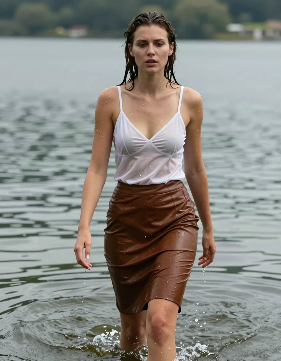 photo of young woman, in soaking wet, drenched clothes,
heels, knee length brown leather skirt, white shirt, lake, 
enjoying, wet clothes stuck to body,
detailed textures of the wet clothes, wet face, wet plastered hair,
wet, drenched, professional, high-quality details, full body view.
sharp focus, ultra-high pixel detail, realistic, high-quality, full colors, incredibly detailed, 4k, 8k, 16k, hyper-realistic, RAW photo, masterpiece, ultra-detailed, professionally color graded, professional photograph, visible bra, wet skin, wet clothes, damp fabric