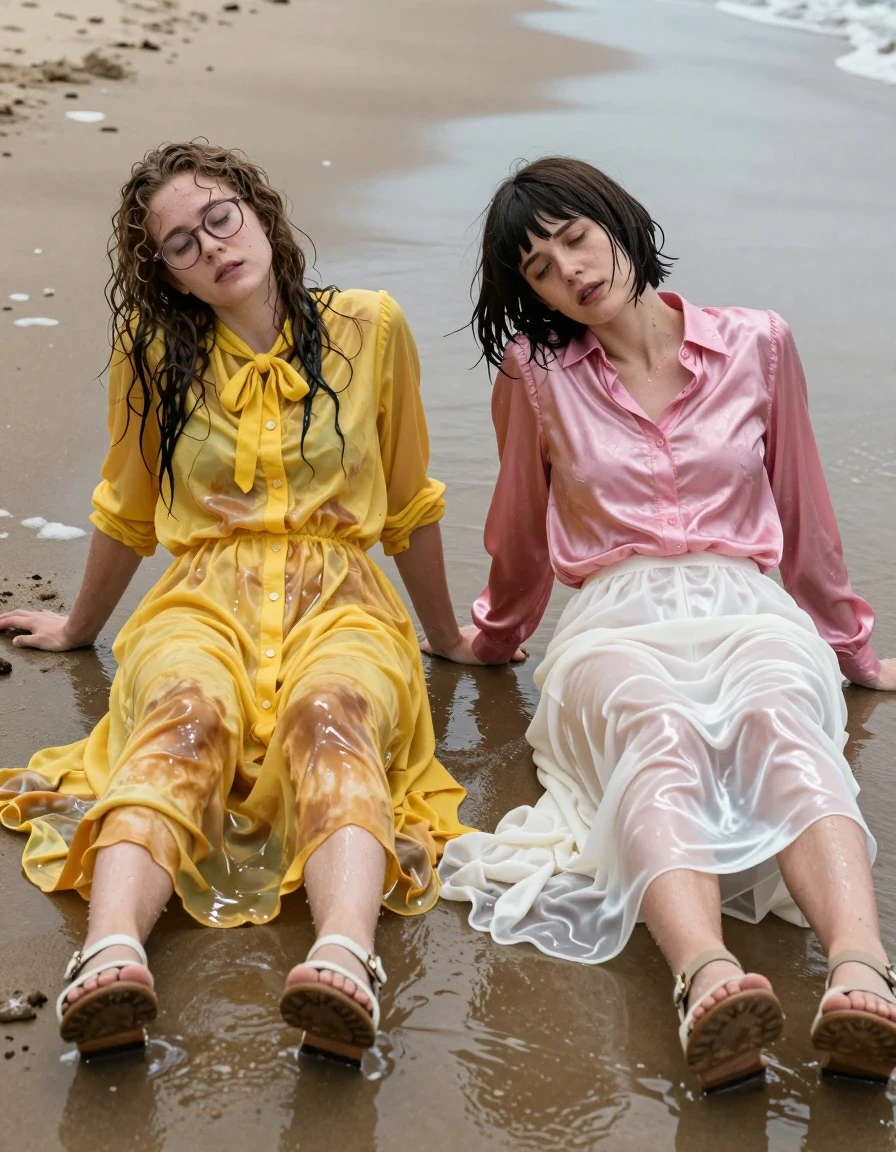 Hyper-realistic cinematic shot of two exhausted young adult European lesbian nerdy teachers crawling onto a wet sandy beach after a shipwreck. First woman with long curly hair wearing glasses and an oversized floor-length yellow buttoned-down nylon dress with a bowtie; second woman with a Beatles-style haircut wearing a pink long-sleeved satin blouse and a floor-length white silk skirt. Both women wearing sandals. The clothing is heavily soaked, clinging to their bodies, with fabric darkened by seawater, heavy folds, and water-sheen textures. Their skin is glistening with moisture, and their hair is matted and dripping. The yellow nylon dress shows deep saturation and translucent wet patches, the pink satin blouse displays high-gloss water reflections, and the white silk skirt is heavy, clinging, and semi-transparent where saturated. The sand is wet and packed, scattered with sea foam and debris. Low-angle wide shot, natural overcast daylight, high-contrast water reflections on the wet surfaces, sharp focus on the textures of the soaked fabrics and damp skin, 8k resolution, photographic quality.