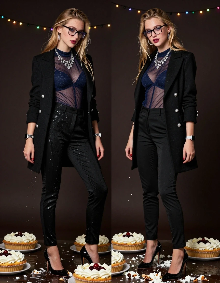 photo of young woman, in soaking wet, drenched clothes,
Black very high heels stilettos, Back long wool slimfit pants, Black very short elegant opened wool coat with spectacular silver buttons over Deep blue/navy glittering sheer blouse with a high neckline, combined with darkblue bra, paired with a heavy ornate silver statement necklace, Dark photo studio with lots of creamy pies and cakes on the floor. Dark environment, warm mood lighting with colourful string of lights. , 
enjoying, wet clothes stuck to body,
detailed textures of the wet clothes, wet face, wet plastered hair,
wet, drenched, professional, high-quality details, full body view.
sharp focus, ultra-high pixel detail, realistic, high-quality, full colors, incredibly detailed, 4k, 8k, 16k, hyper-realistic, RAW photo, masterpiece, ultra-detailed, professionally color graded, professional photograph, Two young cute gleaming very tall and skinny fifteen years old girl. Two girls tramples nice cakes apart in photo studio with their high heels while they posing for the camera. They are flawlessly fully dressed. Both girls wear similar sheer blouse, black wool trousers and black wool coat clothes. They are very tall, athletic and skinny, they have a round white American face, very long blonde hair hanging loosely. They have tiny very small size AA breasts that are flat and have almost no profile. They have thick rectangular glasses, they have a couple freckles on their faces. They have smiling cute face, silver bracelets, necklaces, large hoop earrings, darkred lipstick, smartwacthes on their wirsts. They have very long legs. Masterpiece, low angles and side view, fashion photo quality, realistic mood lighting with colourful string of lights, high quality. Close-up picture. Masterwork, they are looking sultry with her mouth slightly open and a wry smile at the camera, they are looking into the camera while they enjoying the cake crushing., wet skin, wet clothes, damp fabric
