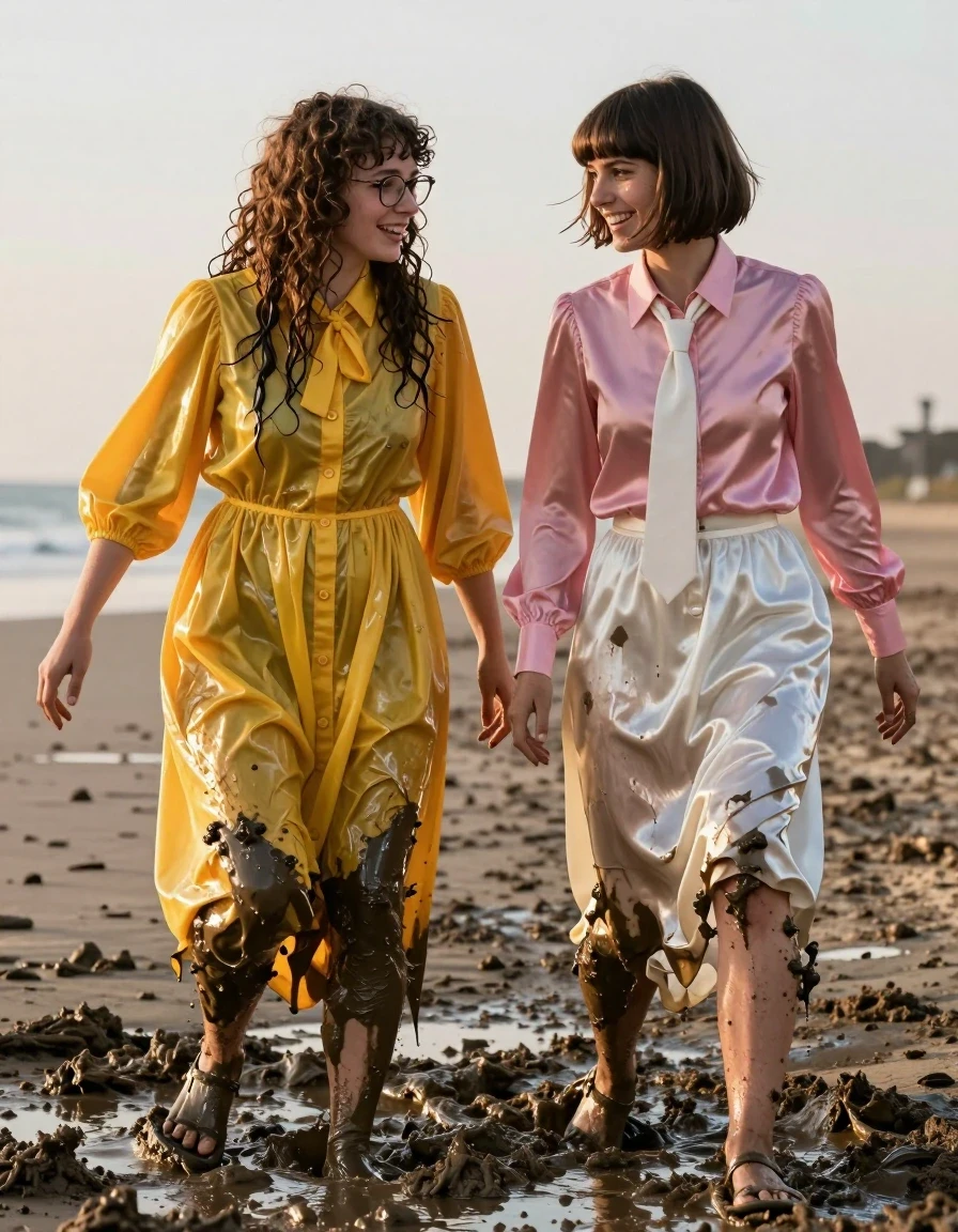 A photorealistic wide shot of two young adult European women, acting as nerdy teachers, trapped knee-deep in thick, heavy coastal mud on a beach at sunset. The first woman has long curly hair, wears glasses, and is dressed in an oversized floor-length yellow buttoned-down nylon dress with a bowtie; the nylon fabric is soaking-wet, clinging to her body, darkened by heavy mud and water, with high-sheen specular highlights and water-saturated heavy folds. The second woman has a Beatles-style haircut and wears a pink long-sleeved satin blouse with a white necktie and a floor-length white silk skirt; both the blouse and skirt are drenched, translucent from water saturation, clinging to her frame, with the silk showing deep wet patches and glossy, liquid-slick textures. Both women are wearing sandals, their feet and ankles caked in wet, dripping mud. The scene captures the struggle of them being stuck, with mud splattered on their legs and clothes, realistic wet skin, damp hair textures, and clinging, water-heavy fabric. The lighting is golden hour, casting dramatic shadows and highlighting the glossy, wet surfaces of the mud and the soaked garments. High-resolution, cinematic composition, sharp focus on the textures of the mud and the wet, clinging fabrics.