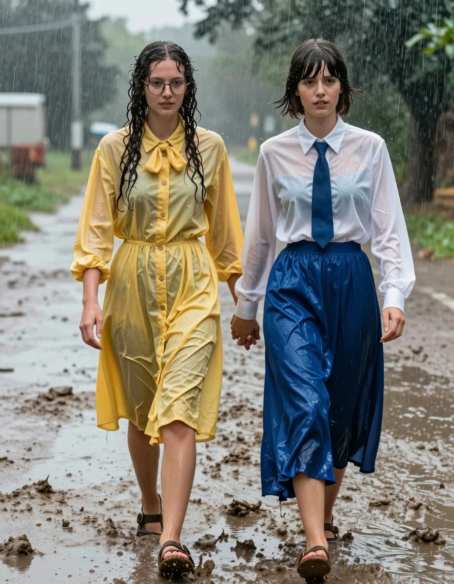 Full-body cinematic shot of two young adult European women, nerdy teachers, walking hand-in-hand down an empty, muddy road during a torrential downpour. The first woman has long, curly hair, wears glasses, and is dressed in an oversized, yellow buttoned-down nylon dress with a bowtie. The second woman has a Beatles-style haircut, wearing a long-sleeved white satin blouse with a blue necktie and a maxi blue silk skirt. Both women are wearing sandals. They are knee-deep in thick, sludge-like mud. The scene is heavily rain-drenched: their skin and hair are plastered with water, and their clothing is visibly soaked, clinging to their bodies, showing heavy wet folds, darkened fabric tones, and intense water sheen. The nylon dress and silk skirt are saturated and heavy, with water cascading down the fabric surfaces. The environment is a desolate, overcast rural road with deep mud ruts and heavy rain streaks visible in the air. Soft, diffused natural lighting highlights the wet textures and the glossy sheen on the muddy ground. Photorealistic, 8k, high-contrast, sharp focus on the subjects, highly detailed wet skin and fabric textures.