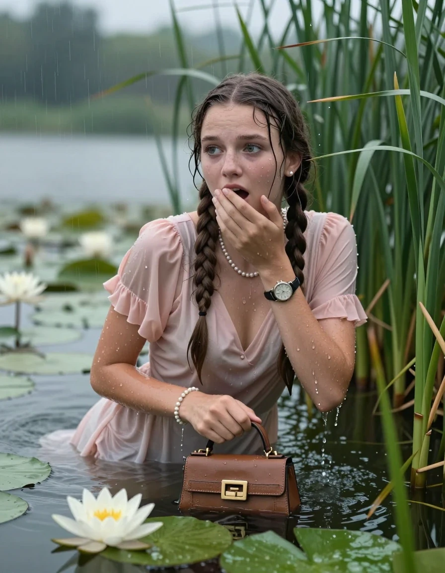 photo of young woman, in soaking wet, drenched clothes,
, , Short light pink cocktail dress, handbag, pearl necklace, bracelet, wristwatch , Emerging after diving in a lake with water lilies and reeds, rain , 
enjoying, wet clothes stuck to body,
detailed textures of the wet clothes, wet face, wet plastered hair,
wet, drenched, professional, high-quality details, full body view.
sharp focus, ultra-high pixel detail, realistic, high-quality, full colors, incredibly detailed, 4k, 8k, 16k, hyper-realistic, RAW photo, masterpiece, ultra-detailed, professionally color graded, professional photograph, Two long braids

15 years old  teenage girl

Laying her breast on the surface.  Looking slightly away. Hold her hand on mouth.

she is completely underwater up to her neck, afraid and astonished expression. 

She hides in the reeds and is surprised by spectators

her submerged clothes are hardly vusible under water, she soaked her handbag into the water

close up view, wet skin, wet clothes, wet hair, damp fabric, water runs down the clothes, wet skin, wet clothes, damp fabric, wet skin, wet clothes, damp fabric, wet skin, wet clothes, damp fabric, wet skin, wet clothes, damp fabric, wet skin, wet clothes, damp fabric, wet skin, wet clothes, damp fabric, wet skin, wet clothes, damp fabric, wet skin, wet clothes, damp fabric, wet skin, wet clothes, damp fabric, wet skin, wet clothes, damp fabric, wet skin, wet clothes, damp fabric, wet skin, wet clothes, damp fabric, wet skin, wet clothes, damp fabric, wet skin, wet clothes, damp fabric, wet skin, wet clothes, damp fabric, wet skin, wet clothes, damp fabric, wet skin, wet clothes, damp fabric, wet skin, wet clothes, damp fabric, wet skin, wet clothes, damp fabric