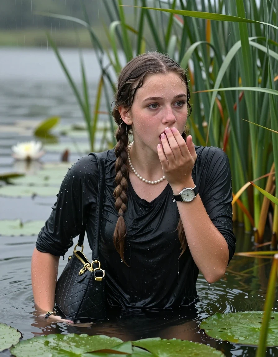 photo of young woman, in soaking wet, drenched clothes,
, , Short black dress, handbag, pearl necklace, bracelet, wristwatch , Emerging after diving in a lake with water lilies and reeds, rain , 
enjoying, wet clothes stuck to body,
detailed textures of the wet clothes, wet face, wet plastered hair,
wet, drenched, professional, high-quality details, full body view.
sharp focus, ultra-high pixel detail, realistic, high-quality, full colors, incredibly detailed, 4k, 8k, 16k, hyper-realistic, RAW photo, masterpiece, ultra-detailed, professionally color graded, professional photograph, Two long braids

15 years old  teenage girl

Laying her breast on the surface.  Looking slightly away. Hold her hand on mouth.

she is completely underwater up to her neck, afraid and astonished expression. 

She hides in the reeds and is surprised by spectators

her submerged clothes are hardly vusible under water, she soaked her handbag into the water

close up view, wet skin, wet clothes, wet hair, damp fabric, water runs down the clothes, wet skin, wet clothes, damp fabric, wet skin, wet clothes, damp fabric, wet skin, wet clothes, damp fabric, wet skin, wet clothes, damp fabric, wet skin, wet clothes, damp fabric, wet skin, wet clothes, damp fabric, wet skin, wet clothes, damp fabric, wet skin, wet clothes, damp fabric, wet skin, wet clothes, damp fabric, wet skin, wet clothes, damp fabric, wet skin, wet clothes, damp fabric, wet skin, wet clothes, damp fabric, wet skin, wet clothes, damp fabric, wet skin, wet clothes, damp fabric, wet skin, wet clothes, damp fabric, wet skin, wet clothes, damp fabric, wet skin, wet clothes, damp fabric, wet skin, wet clothes, damp fabric