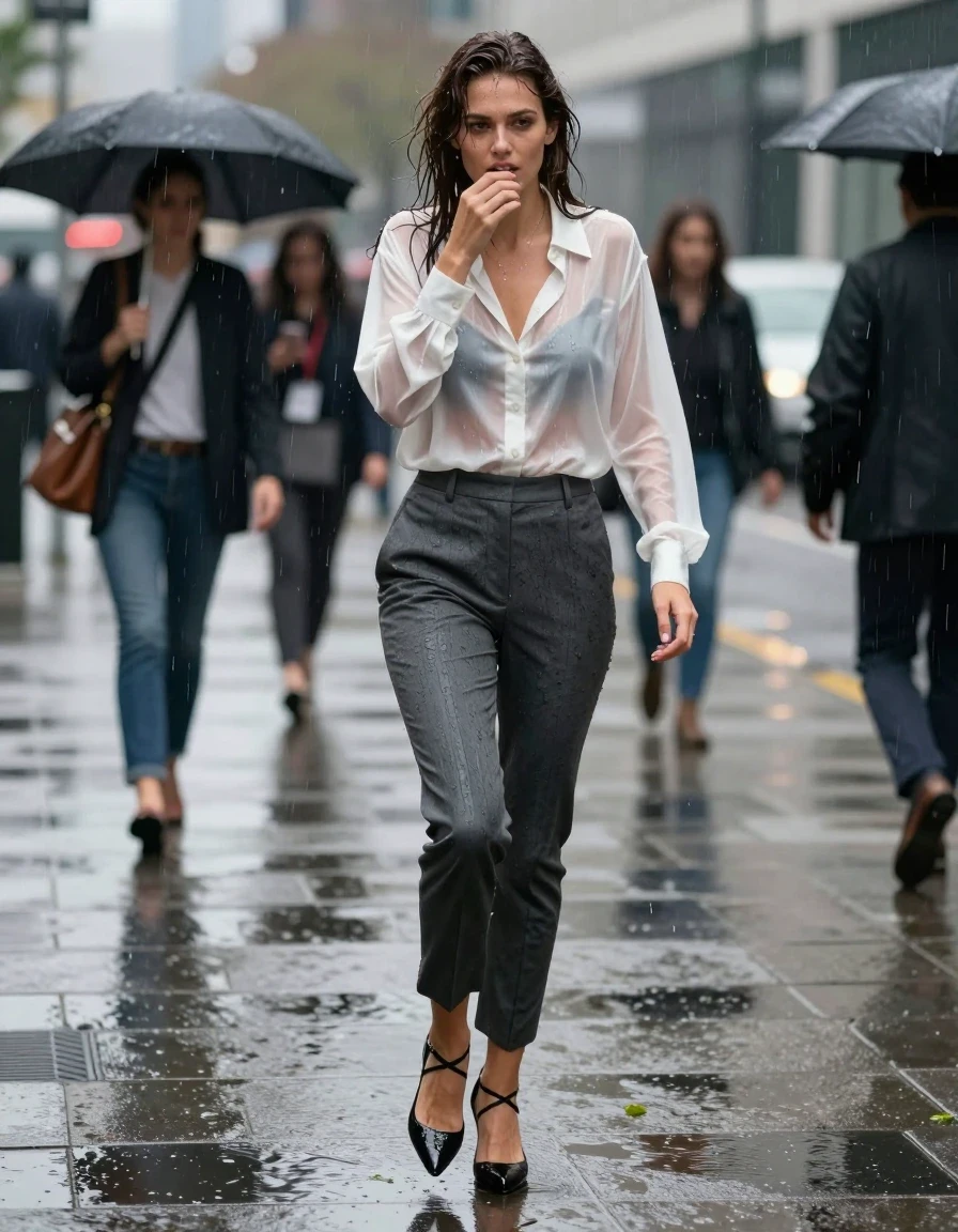 photo of young woman, in soaking wet, drenched clothes,
strappy black leather pumps, water puddles reflecting the shoes, slim-fit charcoal grey wool trousers, fabric darkened and clinging due to heavy rain, crisp white silk button-down blouse, transparent and soaked, layers of fabric sticking to skin, busy city sidewalk, grey pavement, urban office district background, 
enjoying, wet clothes stuck to body,
detailed textures of the wet clothes, wet face, wet plastered hair,
wet, drenched, professional, high-quality details, full body view.
sharp focus, ultra-high pixel detail, realistic, high-quality, full colors, incredibly detailed, 4k, 8k, 16k, hyper-realistic, RAW photo, masterpiece, ultra-detailed, professionally color graded, professional photograph, candid paparazzi capture of a woman shielding her head with a leather handbag while hurrying through a downpour, beads of water dripping from her hair and clothing, high-speed shutter, photorealistic lifestyle photography, rich natural color, balanced bright exposure, moderate contrast, softly lifted shadows, wide angle street photography framing., wet skin, wet clothes, damp fabric