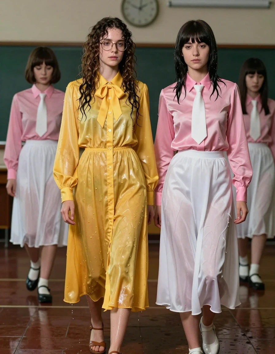 photo of young woman, in soaking wet, drenched clothes,
sandals, both: floor-length long dress or skirt, 1st long curly haired woman: glasses, oversized  floor-length yellow buttoned-down nylon dress with bowtie; 2nd Beatles haired woman: pink long-sleeved satin blouse with white necktie,  floor-length white silk skirt, school gymnasium at night, 
enjoying, wet clothes stuck to body,
detailed textures of the wet clothes, wet face, wet plastered hair,
wet, drenched, professional, high-quality details, full body view.
sharp focus, ultra-high pixel detail, realistic, high-quality, full colors, incredibly detailed, 4k, 8k, 16k, hyper-realistic, RAW photo, masterpiece, ultra-detailed, professionally color graded, professional photograph, lesbian nerdy teachers sneaking out of the gym, wet skin, wet clothes, damp fabric