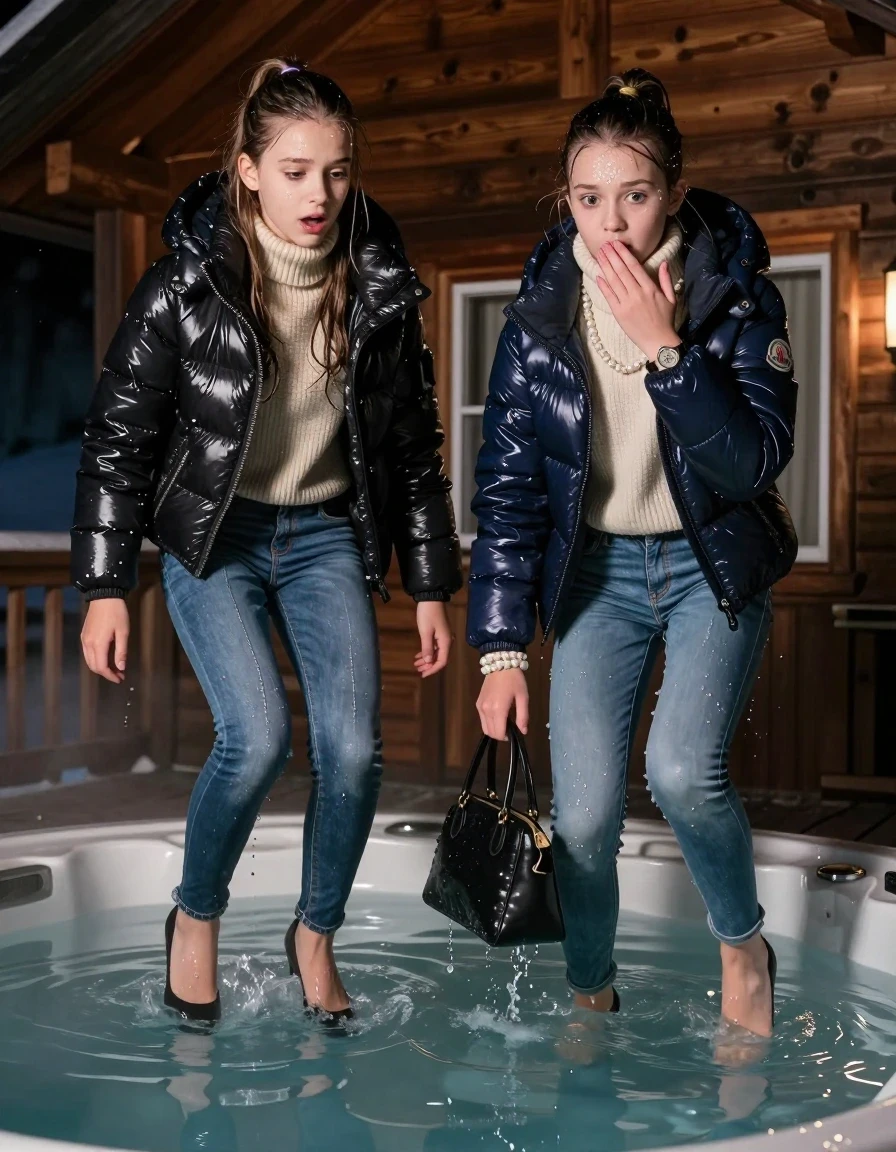 photo of young woman, in soaking wet, drenched clothes,
Heels, Drenched and soaked tight skinny jeans, Moncler shiny Puffer down jacket,  knit turtelneck sweater, handbag, pearl necklace, bracelet, wristwatch , A realistic fashion photograph of  two 15-year-old girl  jumping in a steaming hot tub of a wooden mountain cabin deck at night. , 
enjoying, wet clothes stuck to body,
detailed textures of the wet clothes, wet face, wet plastered hair,
wet, drenched, professional, high-quality details, full body view.
sharp focus, ultra-high pixel detail, realistic, high-quality, full colors, incredibly detailed, 4k, 8k, 16k, hyper-realistic, RAW photo, masterpiece, ultra-detailed, professionally color graded, professional photograph, Sleek long straight hair and Sleek long ponytail 

Two 15-years-old teenage girl. 

Hold a hand over her mouth. Open mouth, big eyes. 

All girls wear different clothes.

One is completely underwater up to her neck, afraid and astonished expression.

All girls Laying her breast on the surface. Legs and Bodys are under the surface.

her submerged clothes are hardly visible under water, she soaked her handbag into the water

close up view, wet skin, wet clothes, wet hair, damp fabric, water runs down the clothes, wet skin, wet clothes., wet skin, wet clothes, damp fabric
