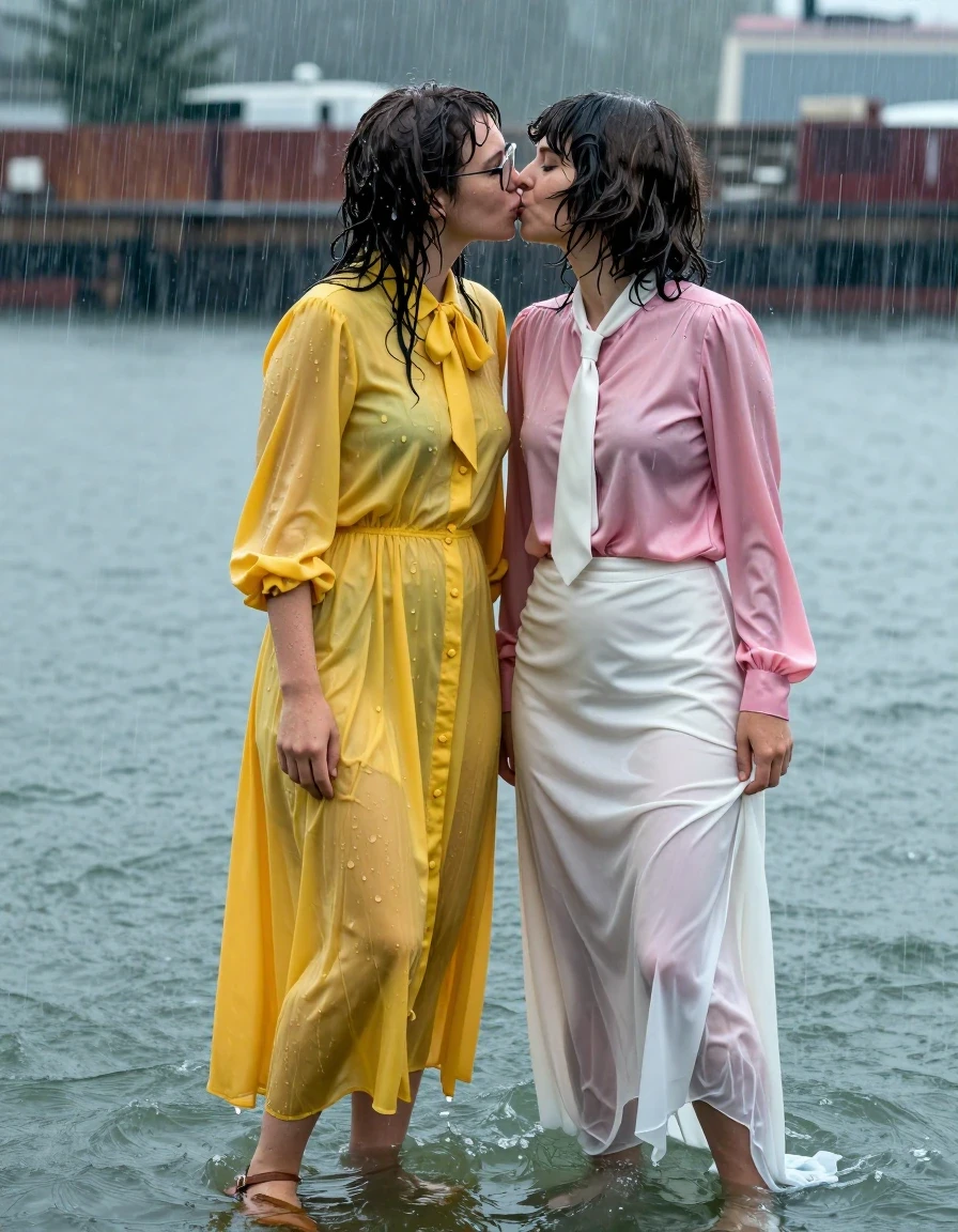 photo of young woman, in soaking wet, drenched clothes,
sandals, both: floor-length long dress or skirt, 1st long curly haired woman: glasses, oversized  floor-length yellow buttoned-down nylon dress with bowtie; 2nd Beatles haired woman: pink long-sleeved satin blouse with white necktie,  floor-length white silk skirt, sea, submerged until waist, 
enjoying, wet clothes stuck to body,
detailed textures of the wet clothes, wet face, wet plastered hair,
wet, drenched, professional, high-quality details, full body view.
sharp focus, ultra-high pixel detail, realistic, high-quality, full colors, incredibly detailed, 4k, 8k, 16k, hyper-realistic, RAW photo, masterpiece, ultra-detailed, professionally color graded, professional photograph, lesbian nerdy teachers are kissing during a huge rainstorm, wet skin, wet clothes, damp fabric