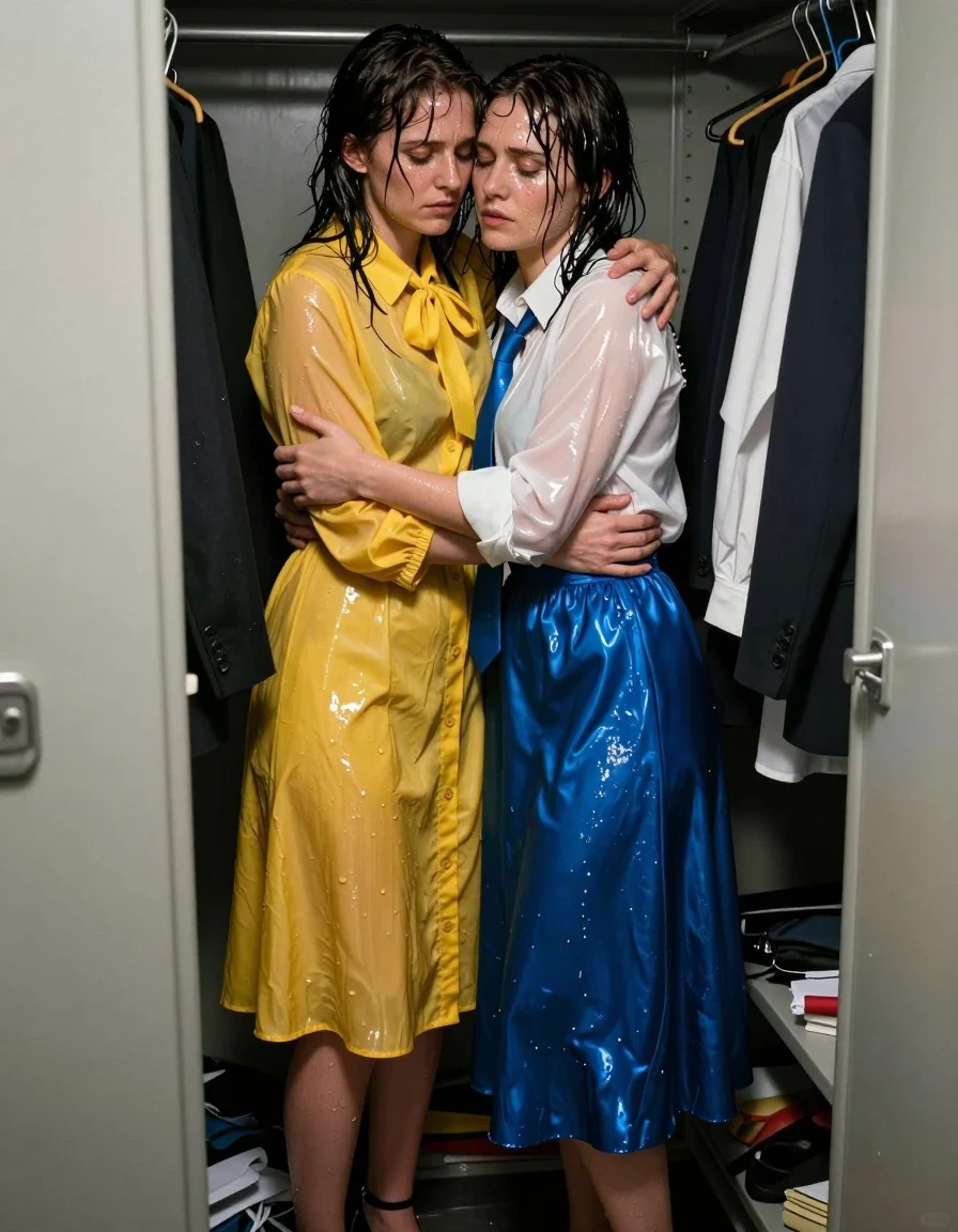 Photorealistic medium shot of two nerdy European lesbian teachers in their 30s hiding and hugging each other inside a cramped, dimly lit classroom closet. The first woman wears an oversized yellow buttoned-down nylon dress with a bowtie; the second woman wears a white long-sleeved satin blouse with a blue necktie and a maxi blue silk skirt. Both women are wearing sandals. Their clothes and skin are drenched, showing realistic wetness: hair is matted and dripping, skin has a glossy water sheen, and fabrics are soaked, clinging to their bodies with darkened tones, heavy weight, and deep saturation. The nylon dress and silk skirt exhibit heavy wet folds, clinging textures, and strong specular reflections from the dim light. The atmosphere is tense and intimate, with the women embracing closely, expressions of nervous affection, surrounded by hanging coats and school supplies. High-contrast cinematic lighting, 8k resolution, highly detailed skin textures, sharp focus, professional photography style.