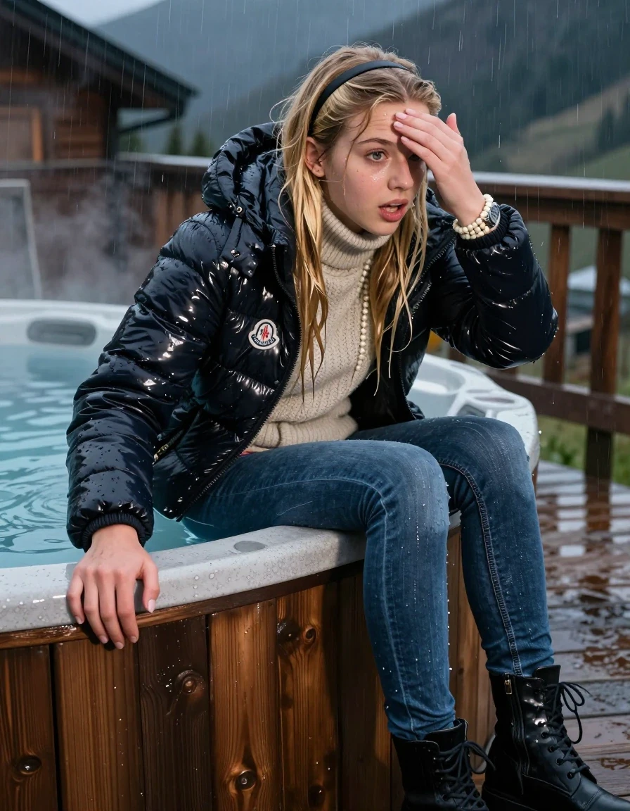 photo of young woman, in soaking wet, drenched clothes,
High boots, Drenched and soaked tight skinny jeans, Moncler shiny Puffer down jacket,  knit turtelneck sweater, handbag, pearl necklace, bracelet, wristwatch , A realistic vertical fashion photograph of a 15-year-old girl emerge after diving at the edge of a steaming hot tub on a wooden mountain cabin deck at night. She is looking back over her shoulder toward the camera. Heavy Rain., 
enjoying, wet clothes stuck to body,
detailed textures of the wet clothes, wet face, wet plastered hair,
wet, drenched, professional, high-quality details, full body view.
sharp focus, ultra-high pixel detail, realistic, high-quality, full colors, incredibly detailed, 4k, 8k, 16k, hyper-realistic, RAW photo, masterpiece, ultra-detailed, professionally color graded, professional photograph, Close-up. 
Blonde Sleek long straight hair with hairband

15 years old  teenage girl

open mouth, big eyes, hold her hands over her forehead. Laying her breast on the surface.  Looking at camera.

she is completely underwater up to her neck, afraid and astonished expression.

her submerged clothes are hardly vusible under water, she soaked her handbag into the water

close up view, wet skin, wet clothes, wet hair, damp fabric, water runs down the clothes, wet skin, wet clothes, damp fabric, wet skin, wet clothes, damp fabric, wet skin, wet clothes, damp fabric, wet skin, wet clothes, damp fabric, wet skin, wet clothes, damp fabric, wet skin, wet clothes, damp fabric, wet skin, wet clothes, damp fabric, wet skin, wet clothes, damp fabric, wet skin, wet clothes, damp fabric, wet skin, wet clothes, damp fabric, wet skin, wet clothes, damp fabric, wet skin, wet clothes, damp fabric, wet skin, wet clothes, damp fabric, wet skin, wet clothes, damp fabric, wet skin, wet clothes, damp fabric, wet skin, wet clothes, damp fabric, wet skin, wet clothes, damp fabric, wet skin, wet clothes, damp fabric, wet skin, wet clothes, damp fabric