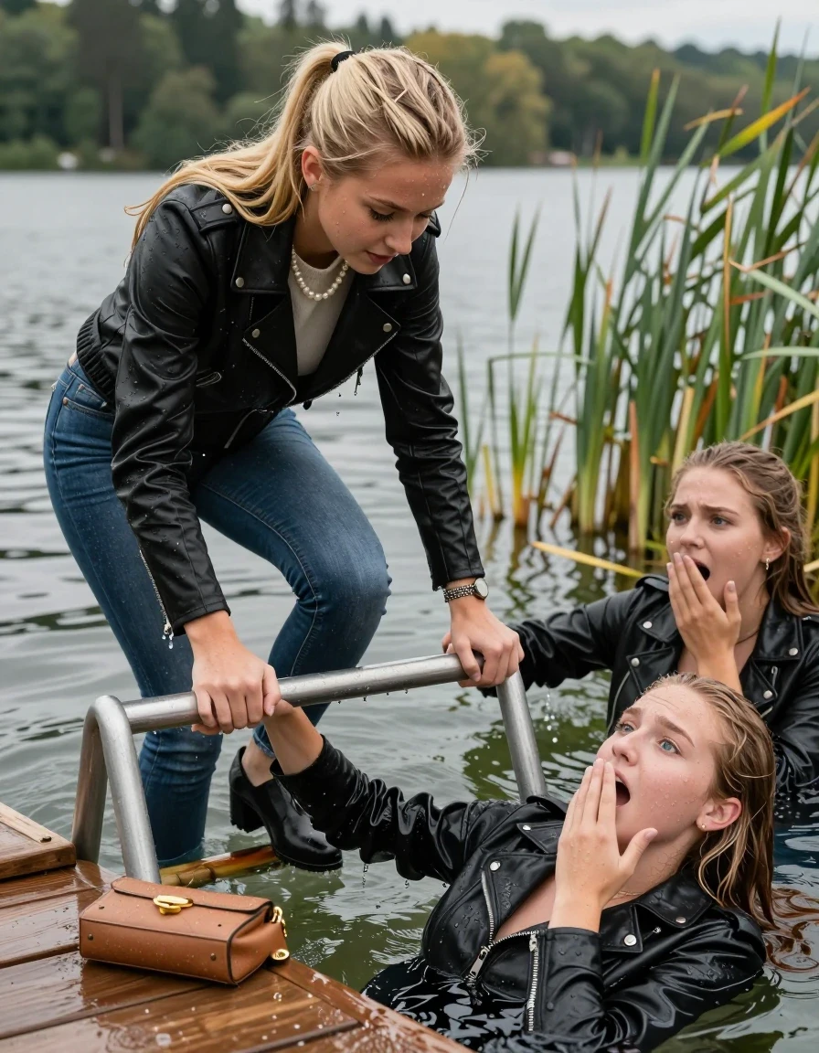 photo of young woman, in soaking wet, drenched clothes,
Heels, Completely soaked tight skinny jeans , black biker leatherjacket, Tight turtleneck sweater belly free, handbag, pearl necklace, bracelet, wristwatch , Two Girls with a hand over her mouth on a wooden bathing platform with a bathing ladder on a beautiful lake. The shocked girls smiles with a sense of adventure and climbs the ladder already half submerged into the water. The water reaches up to her chest. , 
enjoying, wet clothes stuck to body,
detailed textures of the wet clothes, wet face, wet plastered hair,
wet, drenched, professional, high-quality details, full body view.
sharp focus, ultra-high pixel detail, realistic, high-quality, full colors, incredibly detailed, 4k, 8k, 16k, hyper-realistic, RAW photo, masterpiece, ultra-detailed, professionally color graded, professional photograph, Different hair styles, Blonde sleek long straight hair or sleek ponytail

19 years old  teenage girl

Laying her breast on the surface.  Looking slightly away.

One Girl inside the water with a biker leatherjacket and one hand on her mouth, hold with the other the viewer's hand, pulling them she is completely underwater up to her neck, afraid and astonished expression. 

She hides in the reeds.

her submerged clothes are hardly vusible under water, she soaked her handbag into the water. The Girls wear different clothes. 

close up view, wet skin, wet clothes, wet hair, damp fabric, water runs down the clothes, wet skin, wet clothes, damp fabric, wet skin, wet clothes, damp fabric, wet skin, wet clothes, damp fabric, wet skin, wet clothes, damp fabric, wet skin, wet clothes, damp fabric, wet skin, wet clothes, damp fabric, wet skin, wet clothes, damp fabric, wet skin, wet clothes, damp fabric, wet skin, wet clothes, damp fabric, wet skin, wet clothes, damp fabric, wet skin, wet clothes, damp fabric, wet skin, wet clothes, damp fabric, wet skin, wet clothes, damp fabric, wet skin, wet clothes, damp fabric, wet skin, wet clothes, damp fabric, wet skin, wet clothes, damp fabric, wet skin, wet clothes, damp fabric, wet skin, wet clothes, damp fabric, wet skin, wet clothes, damp fabric, wet skin, wet clothes, damp fabric, wet skin, wet clothes, damp fabric