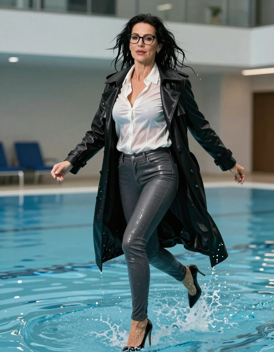 photo of young woman, in soaking wet, drenched clothes,
high-heeled shoes, long tight gray leather jeans, white silk satin shirt with long sleeves, maxi black leather trenchcoat, jump in water in indoor swimming pool, enjoying wet clothes stuck body, enjoying, wet clothes stuck to body, 
enjoying, wet clothes stuck to body,
detailed textures of the wet clothes, wet face, wet plastered hair,
wet, drenched, professional, high-quality details, full body view.
sharp focus, ultra-high pixel detail, realistic, high-quality, full colors, incredibly detailed, 4k, 8k, 16k, hyper-realistic, RAW photo, masterpiece, ultra-detailed, professionally color graded, professional photograph, europen brunette skinny woman 50 years old, long dark black hair, very big and thick lips,  office glasses, complete body, wet skin, wet clothes, damp fabric, wet skin, wet clothes, damp fabric, wet skin, wet clothes, damp fabric, wet skin, wet clothes, damp fabric, wet skin, wet clothes, damp fabric